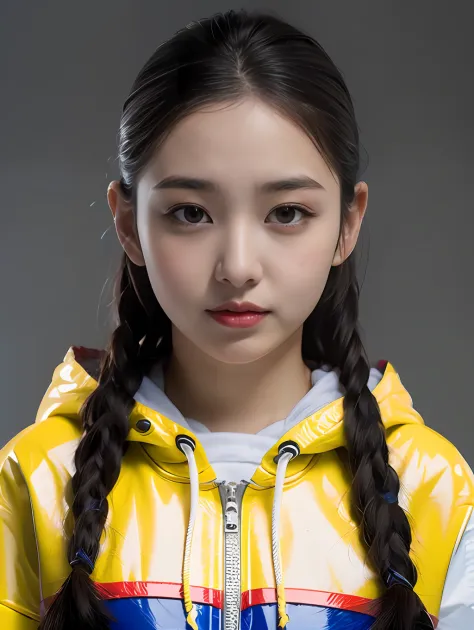 a 17-year-old chinese female high school student，wearing a red sweatshirt made of pvc with yellow stripes，light gray solid backg...