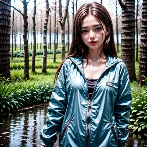 Best quality, masterpiece, ultra high res, (photorealistic:1.4), (medium shot:1.5), ((1girl)), wear Rain suit, in the woods, ((r...