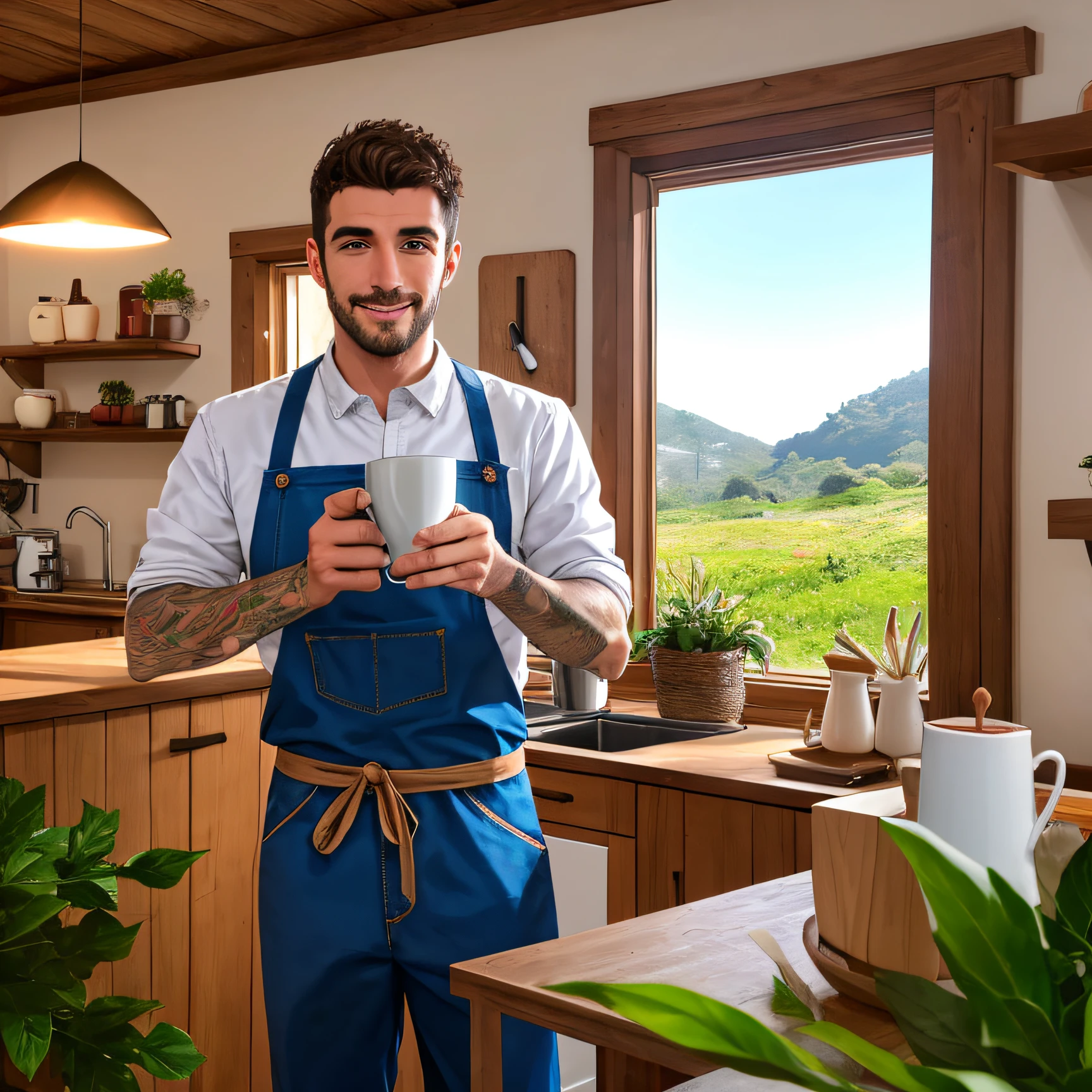 Un bonhomme en pain d&#39;épice portant seulement un tablier dans une cuisine, exposer des choses,  des pointes sur le tablier, cuisine confortable, décoration, végétation, très détaillé, 4k, HDR, avec une tasse de café dans les mains.