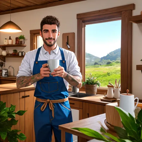 um homem de gengibre vestindo apenas avental em uma cozinha, expondo coisas,  picos fora do avental, cozinha aconchegante, decor...