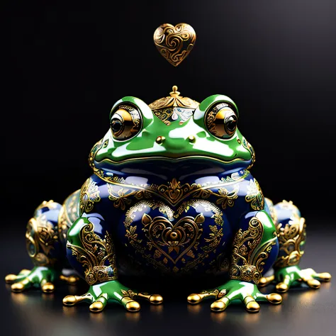 (porcelana preta, Gzhel, RococoStyle:1.0),  


  corar, frog, Heart, letra, carta de amor, com moedas de ouro ao redor
