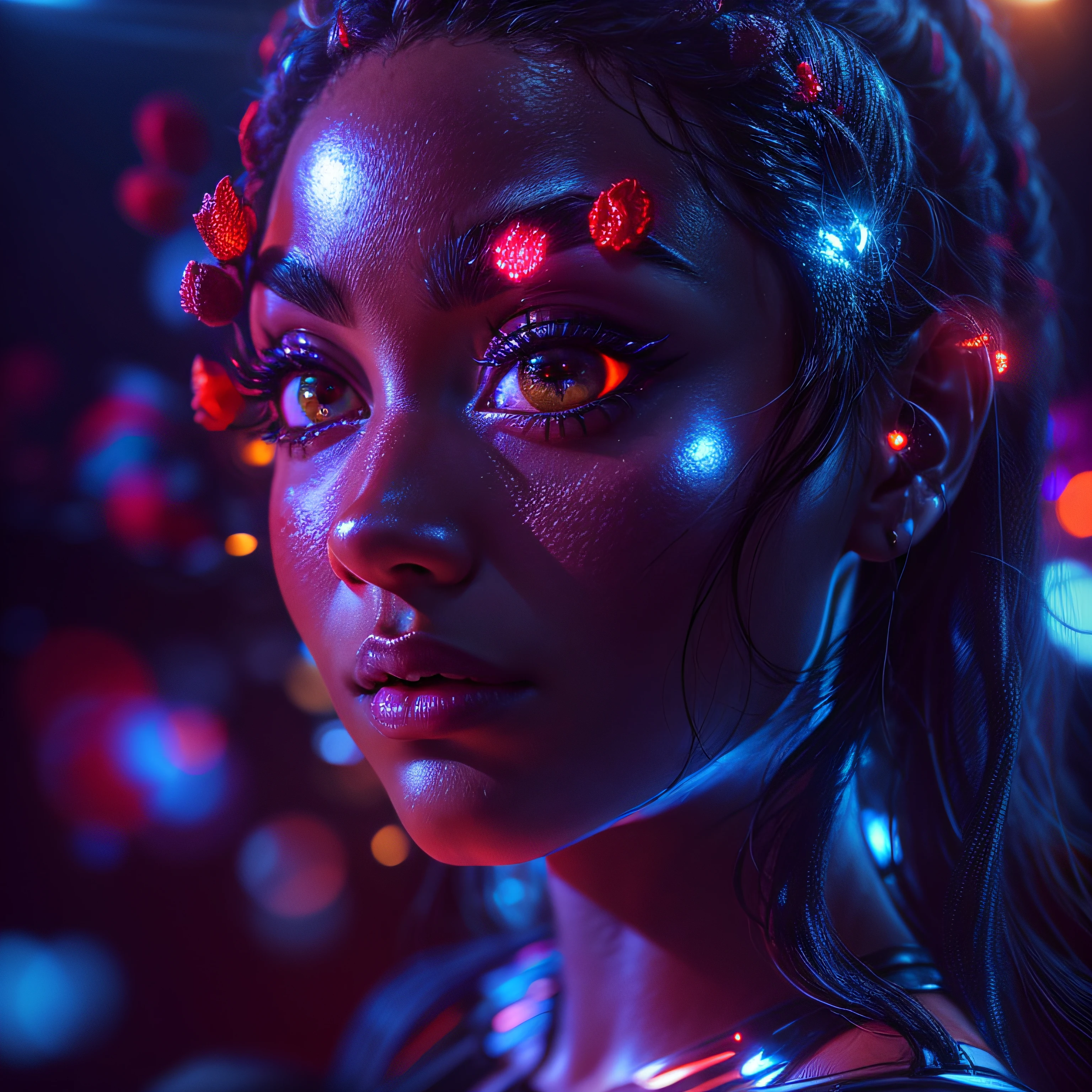 Primer plano de una hermosa mujer de látex negro, ojos azules, cubierto de rosas rojas iluminadas, corazón brillante blanco azul brillante, visible desde el ser humano, noche, Colorante, fotografía hiperdetallada cinematográfica hdr iluminación, iluminación de caja de luz, Detalle extremo, 8k, renderizado 3D, Hiper realista, NVIDIA,