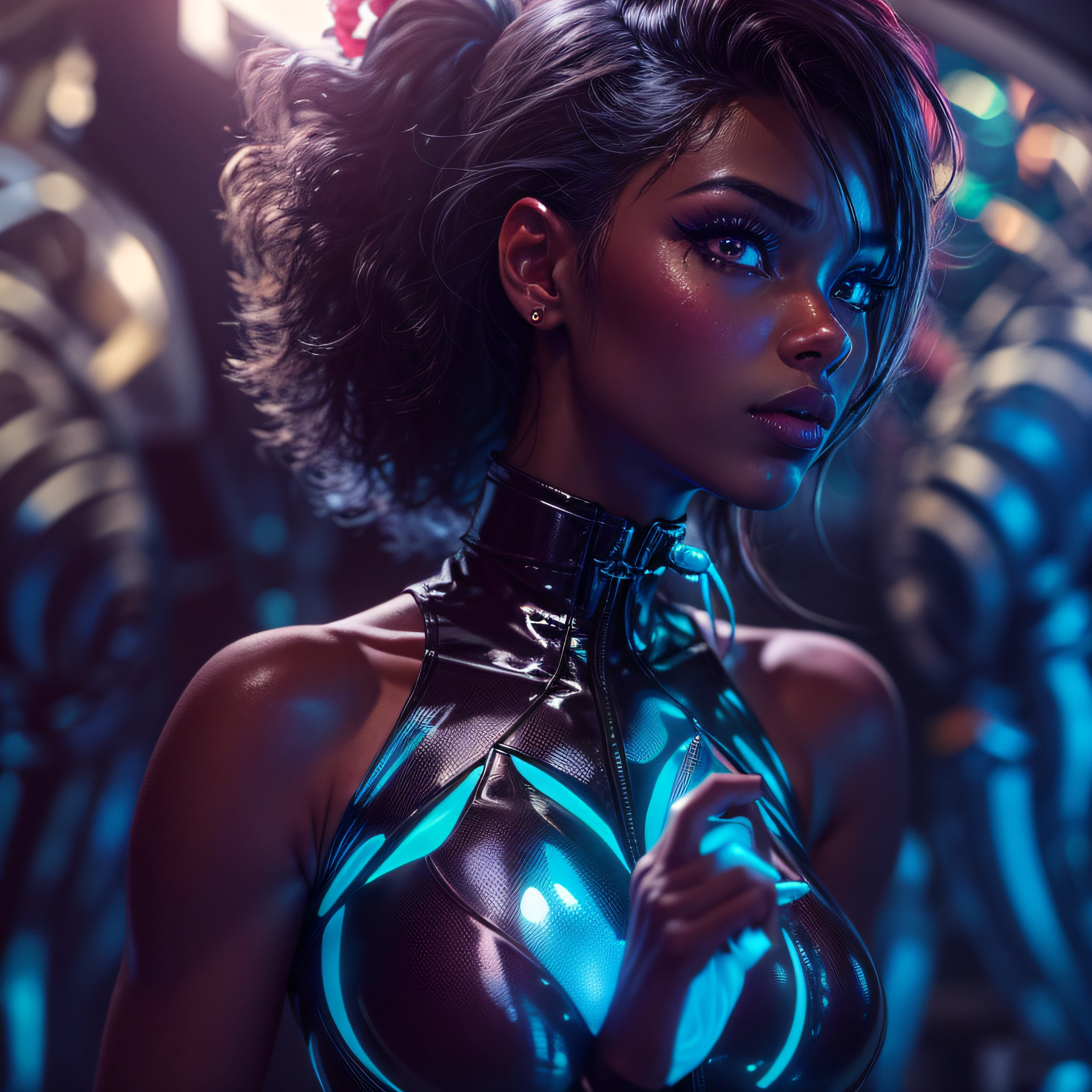 Gros plan sur une belle femme en latex noir, yeux bleus, recouvert de roses rouges illuminées, coeur brillant blanc bleu vif, visible depuis l&#39;homme, nuit, Coloration, photographie cinématique hyper détaillée hdr éclairage, éclairage de la boîte à lumière, Détail extrême, 8k, Rendu 3D, hyper réaliste, Nvidia,