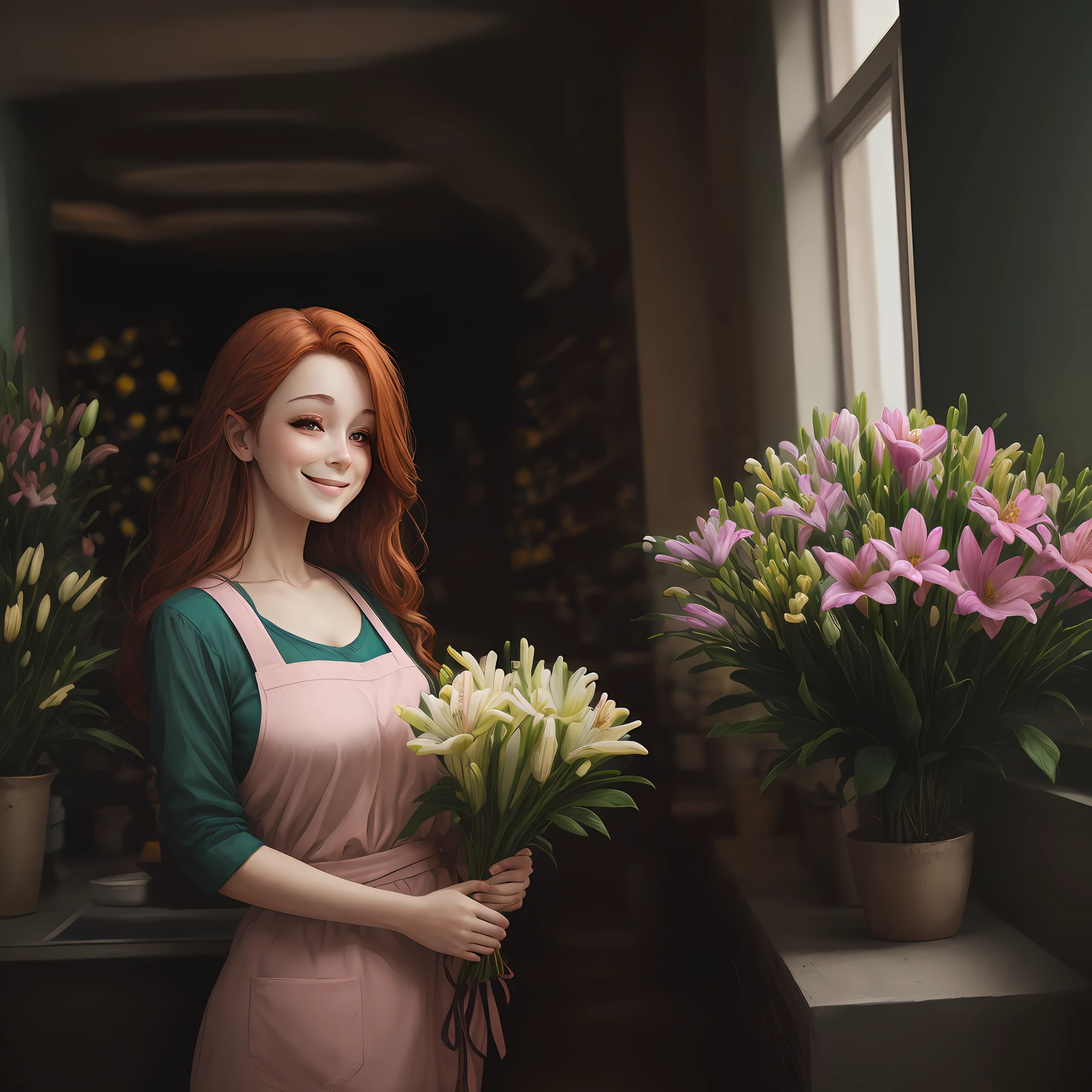 Ilustração de uma mulher ruiva sorrindo feliz em uma floricultura, retratada em uma bela pintura digital de alta qualidade e detalhes impressionantes, com um ambiente iluminado e sombras realistas. A ruiva usa um avental verde enquanto prepara habilmente um buquê de lírios, transmitindo alegria e habilidade. --auto