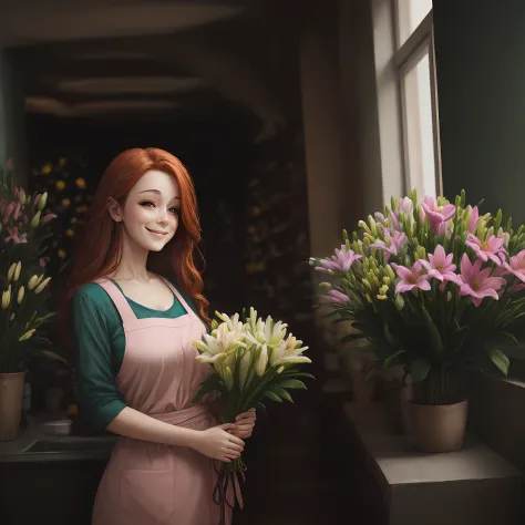 Illustration red-haired woman smiling happily in a flower shop, retratada em uma bela pintura digital de alta qualidade e detalh...