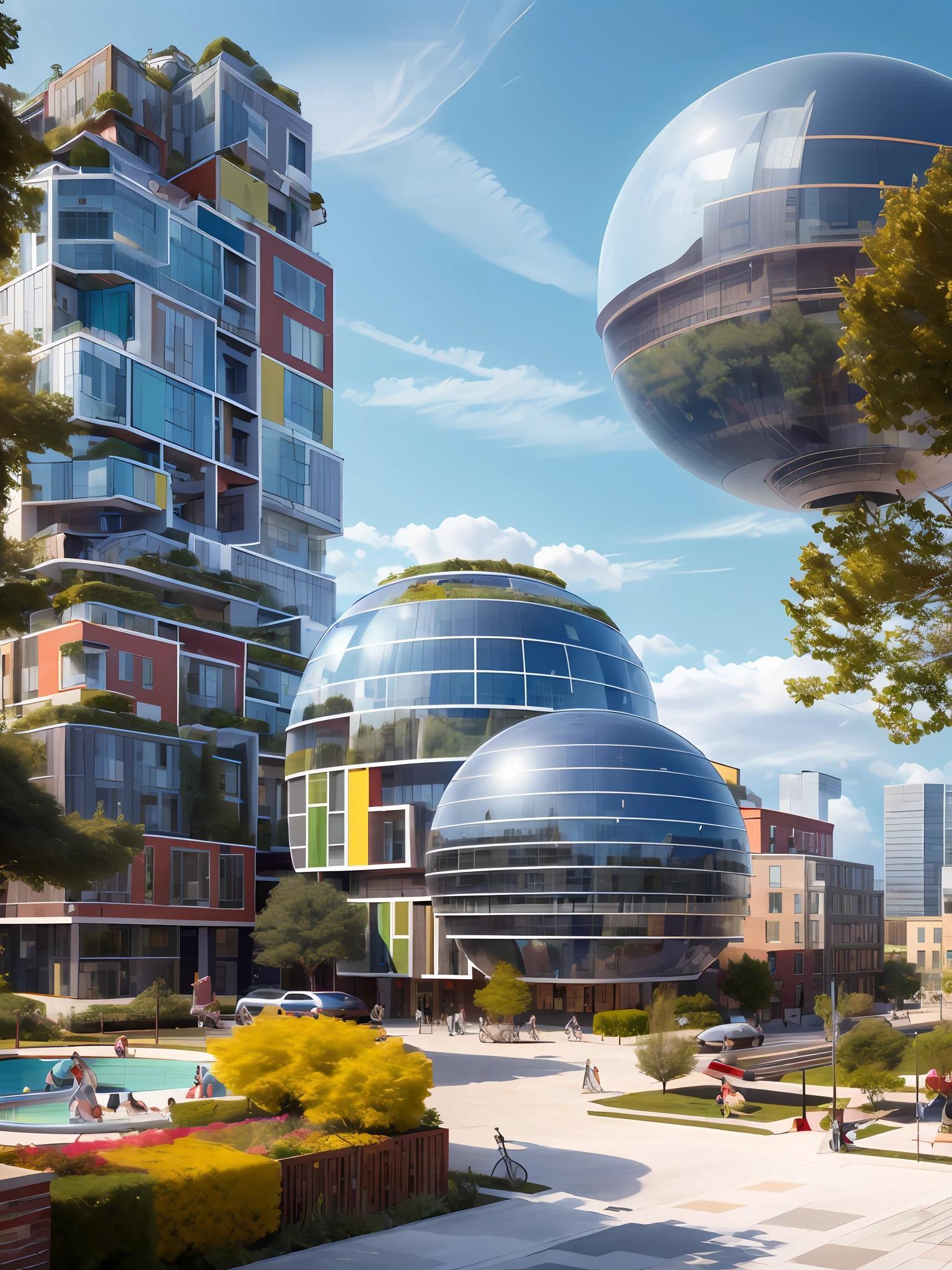 Spherical building, scientific, horizontal, futuristic city, blue sky, cloud trees, colorful park , (8K,masterpiece), (excellent quality), (hyper detail), HQ