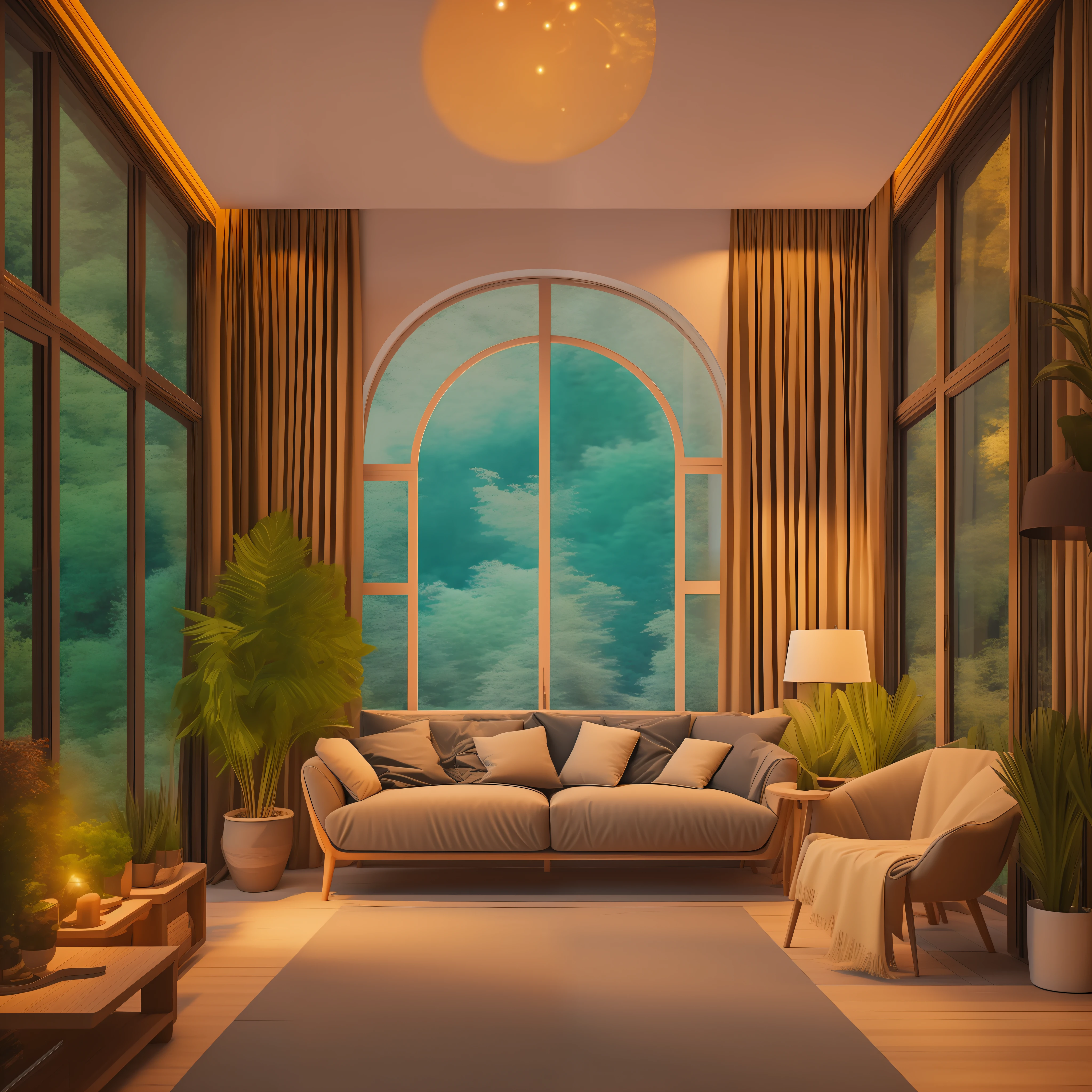 Cozy, big, big window glasses, nature scene, night time, little light, sofa