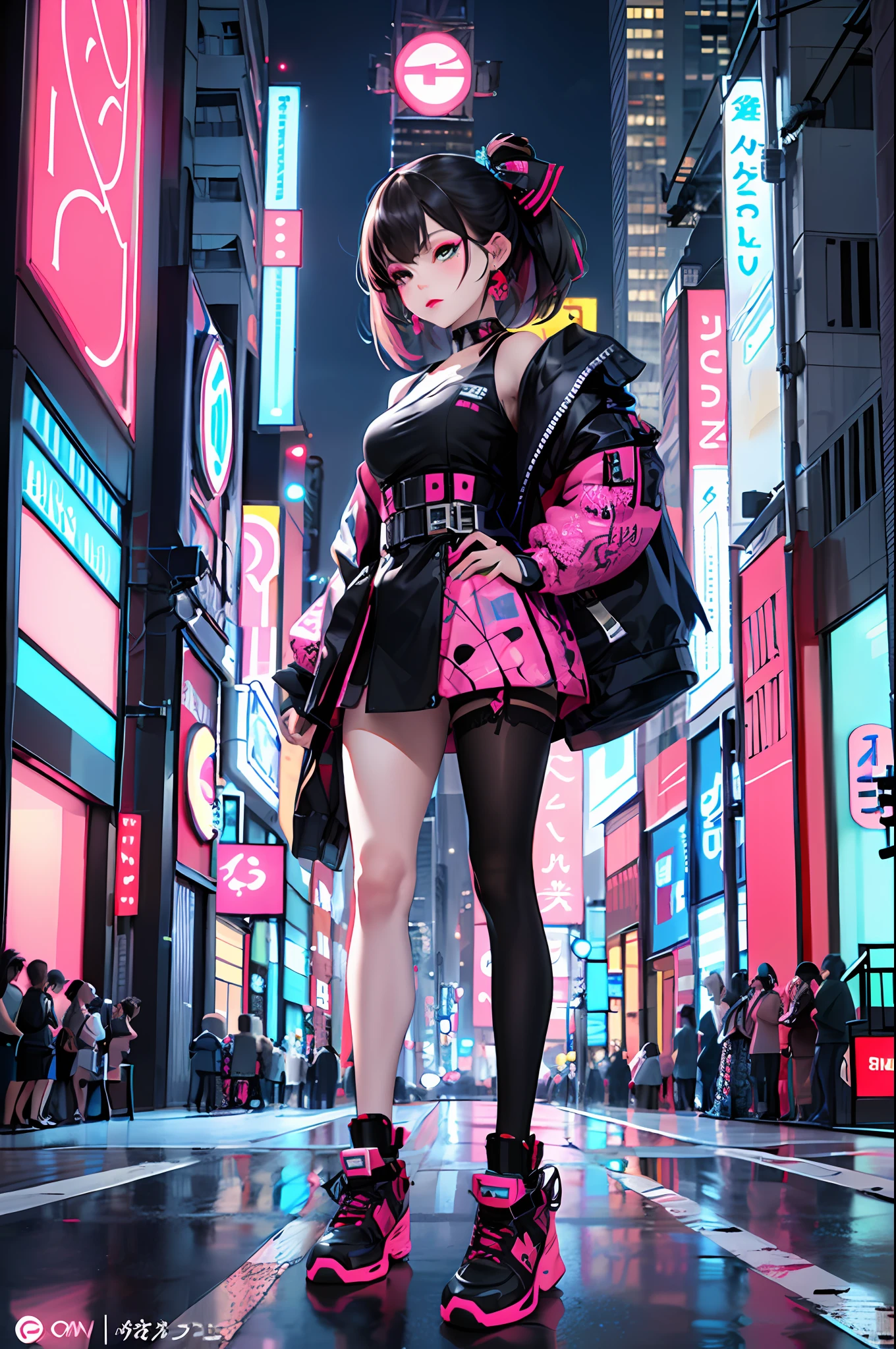 masterpiece, best quality, full body, 1girl, looking at viewer, Confident girl with slightly sassy expression, Harajuku-inspired pop outfit, bold colors and patterns, eye-catching accessories, trendy and innovative hairstyle, vibrant makeup, futuristic and dazzling cyberpunk cityscape, skyscrapers, neon signs, LED lights, bright and vivid color scheme, anime, illustration, detailed skin texture, detailed cloth texture, beautiful detailed face, intricate details, ultra detailed