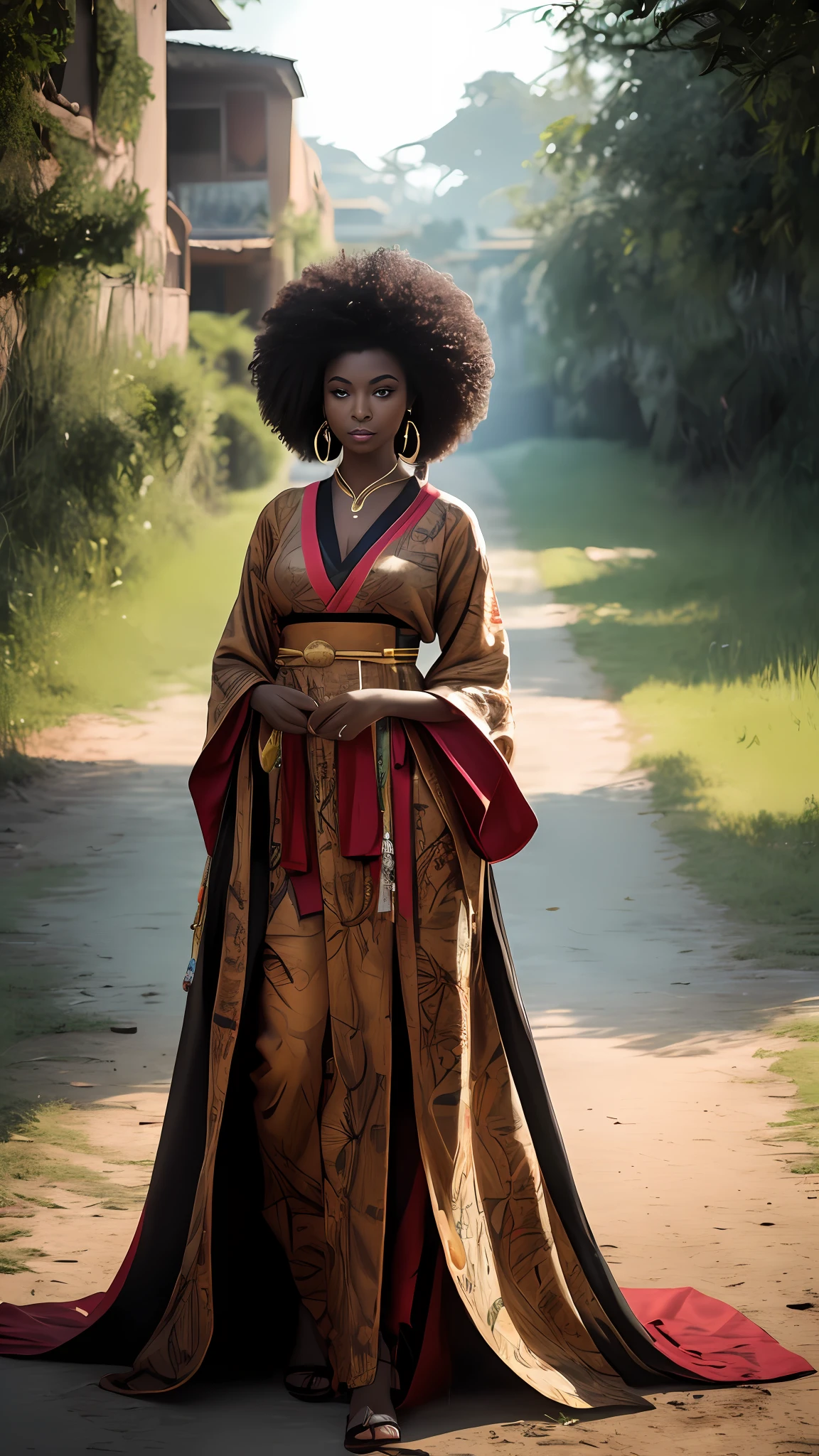 Arte Oficial, 统一 8k 壁纸, ultra detalhados, Beautiful and Aesthetic,mulher negra, obra-prima, melhor qualidade,J Scott Campbell, , 1Menina morena,((( cabelo vermelho))),(((africana))), ombros nus, Saia Curta, panturrilha, umbigo, muito detalhado, Arte de Jeremy Mann, dinamic angle, tiro de cowboy, (mais bela forma caos), fluindo, (cores brilhantes), Oc, (metade: 1.2),africa, (Jeremy Mann ), (fita: 1.3), (sonho: 1.5), (Hanfu: 1.5), africana dragon,africana,  Phoenix, (sorrir: 0,5), (divindade africana)(depth of field:1.1),(ray tracing:0.6),(cinematic lighting:1.1)