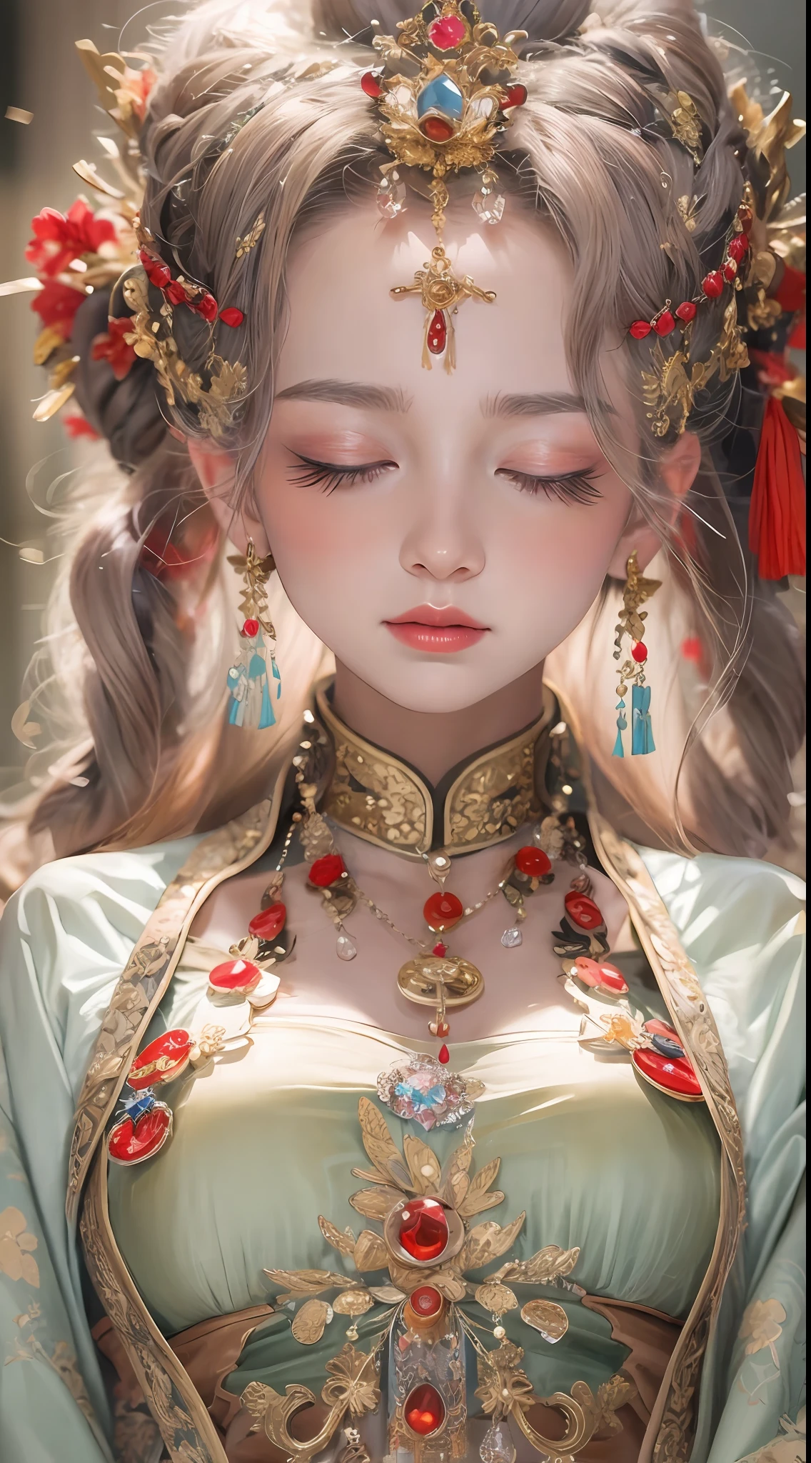 27歲聖人的肖像,Charming 成人 saint in a long dress made of thin silk, beautiful saint with an old 臉, 成人, 穿著一件薄薄的五彩絲綢連身裙, beautiful 臉 without blemishes, (((闭上眼睛哭泣:1.3))), ((7色頭髮長度:1.2)), 大皇冠, 髮飾胸針, 漢服連身裙, 中國古風, 全身首飾, 額頭紋身, 胸部超均勻, 臉, innocent 臉, 最漂亮最細緻的淺紅色口紅, ((薄而豐潤的嘴唇:0.3)), ((金色眼睛的顏色:0.6)), 細緻細膩的燈光效果, 光與暗, 戲劇性的燈光, 神奇的光, 極為細緻的光線, 本色, 超銳利, 實際的, 8K畫質, 奇幻宇宙背景, 聖人與魔法空間, 最詳細的圖像, ((獨自的:0.3)), ((一位聖女:0.6)), ((直視聖人上半身:0.4)), ((光滑的皮膚:0.5)), ((聖女的面紗:0.6)),