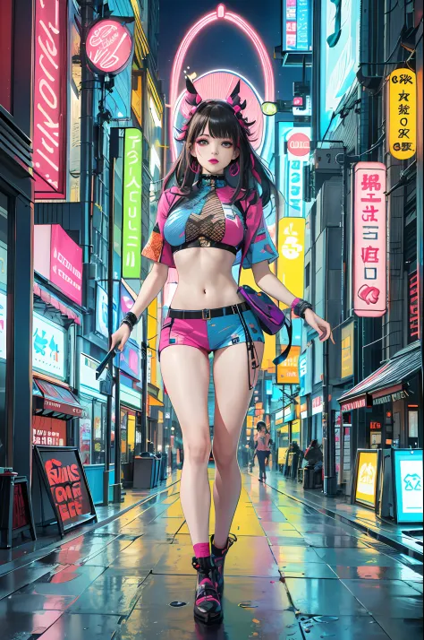 masterpiece, best quality, full body, 1girl, looking at viewer, confident girl with sassy expression, harajuku-inspired pop outf...