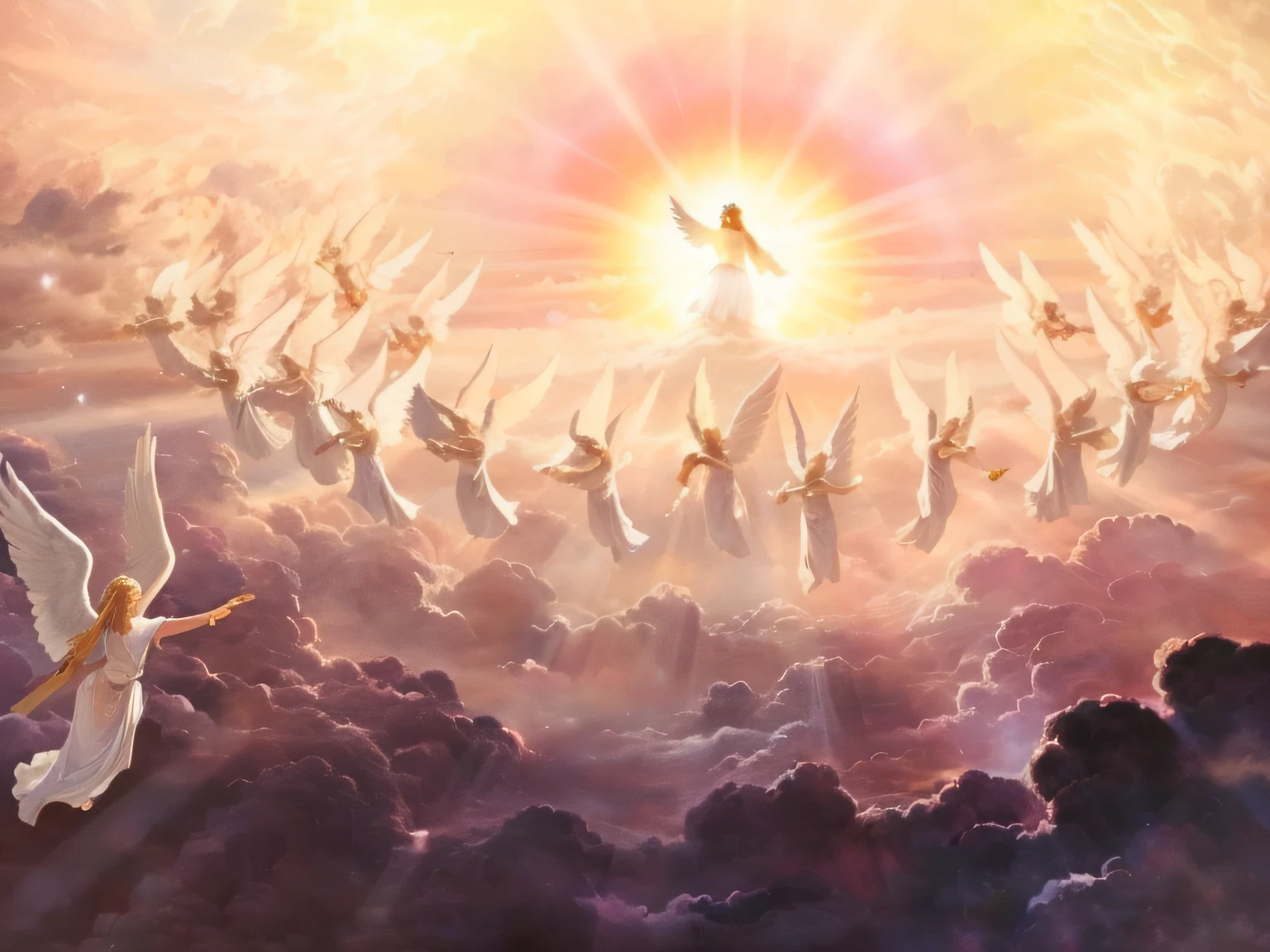 картина с ангелами, летящими в небе, а за ними сияет солнце, ангелы в небе, небесный восторг, Второе пришествие, между небесными облаками, освещенными солнцем, небеса!!!!!!!!, Восхищение, she is arriving небеса, Летающие тостеры в небе, ангелы защищают молящегося человека, the gates of небеса, божественное царство богов, эпическое библейское представление