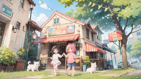 2girls, playing around in the city with a puppy dog, colorful, children book, child anime, cute, adorable, whimsical, illustrati...
