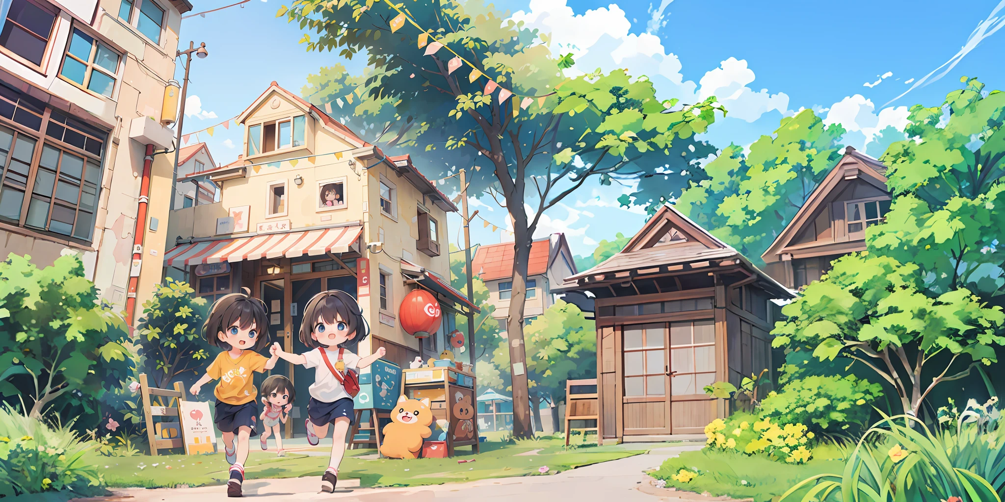 anime scene of two girls and a boy running in front of a house, cute art style, anime background art, official artwork, anime style illustration, in style of kyoto animation, anime style 4 k, japanese animation style, by Kamagurka, realistic anime 3 d style, in style of makoto shinkai, a beautiful artwork illustration, japanese cartoon style