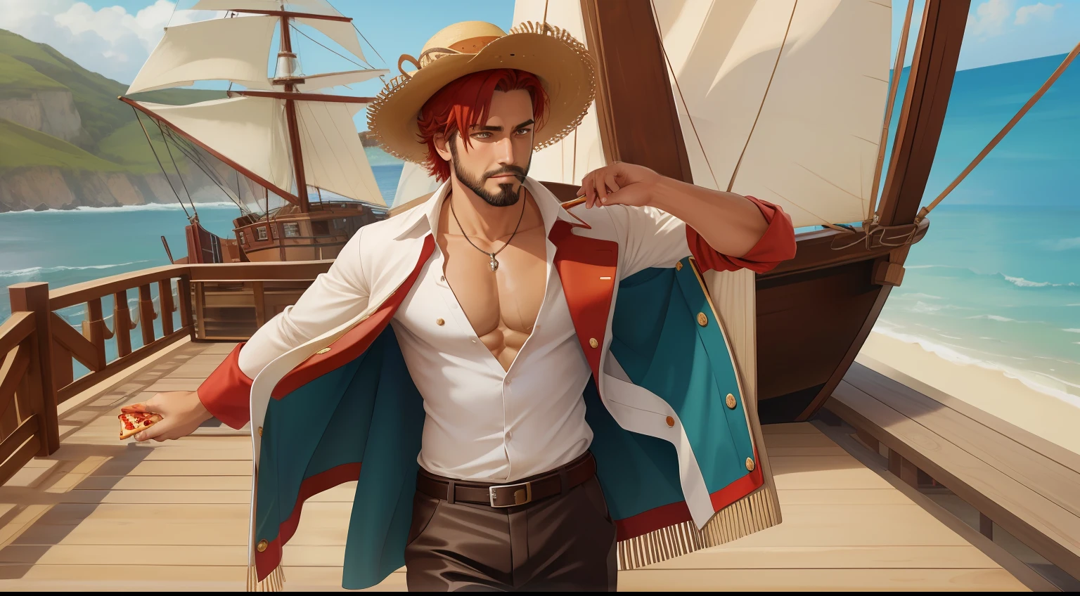 (masterpiece, best quality),  intricate details,
 1boy, man, red hair, straw hat, Shnks, shanks \(one piece\),  scar on face, short hair, shirt,  white shirt, male focus, open clothes, collared shirt, pants, cape, coat, open shirt, facial hair, scar, sandals,  pectorals, partially unbuttoned, pectoral cleavage, coat on shoulders, nature, scenery, upper body, straw hat,
eating pizza, (pepperoni pizza:1.3), BREAK pirate ship, wooden deck,  ocean, ship mast, ship railing, ropes, sails,