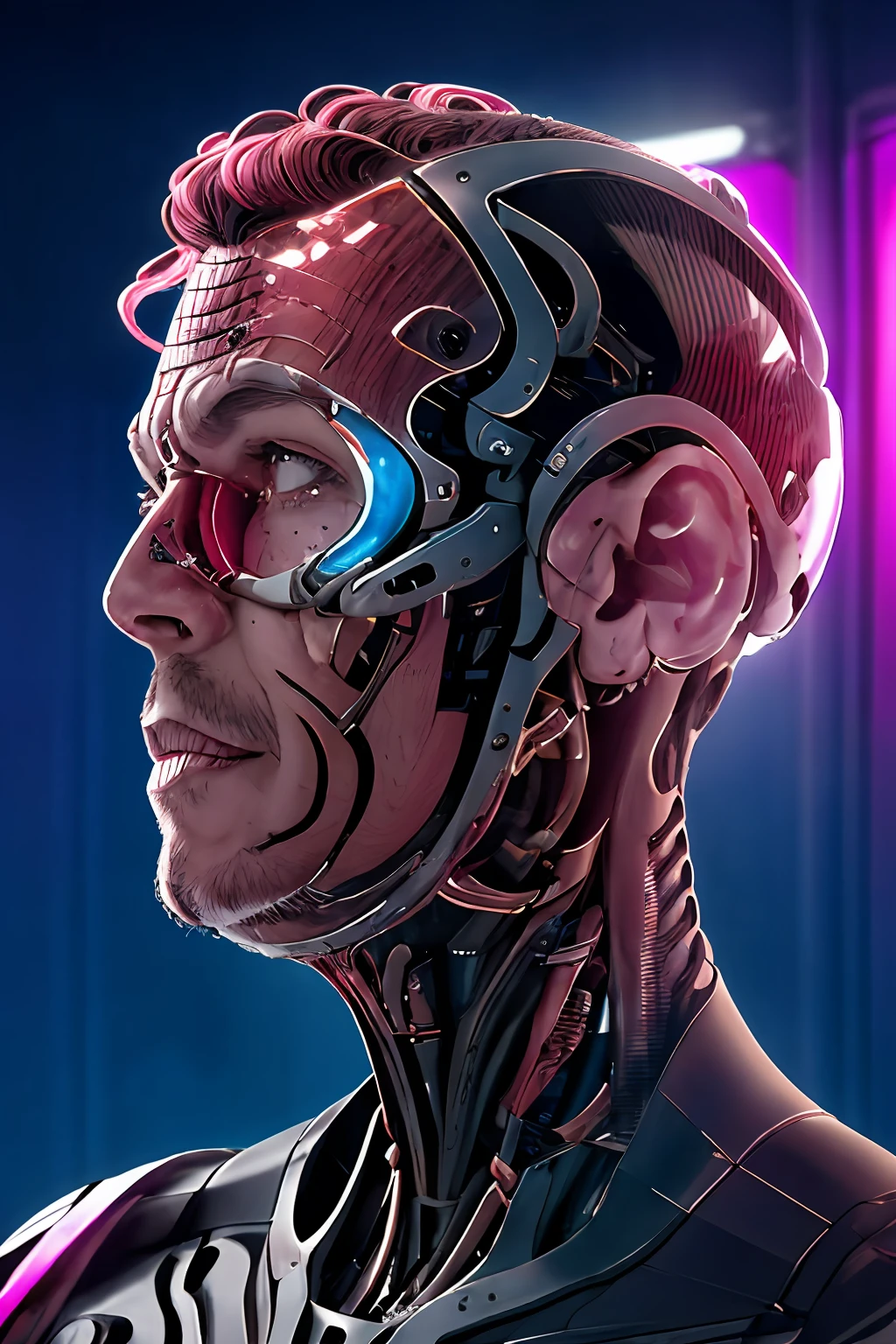 ガットナードジュル23, 完全にテクノロジーを備えたサイボーグの半身画像, フィオスは血管の場所ではありません, 顔にロボットインプラント, バイオニックアイ, 人工脳, 金属と肉の体. 再リスト, 複雑な, 超高解像度
