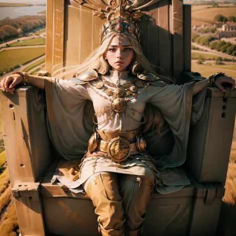 Crie uma imagem majestosa de um poderoso rei, sentado em seu trono adornado com ouro e joias preciosas, with a vast empire stret...