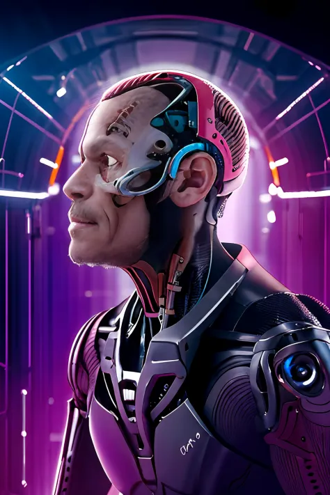 guttonerdjul23, imagem de meio corpo de um cyborg  totalmente tecnologico, fios no lugar de vasos sanguineos, implantes robotico...