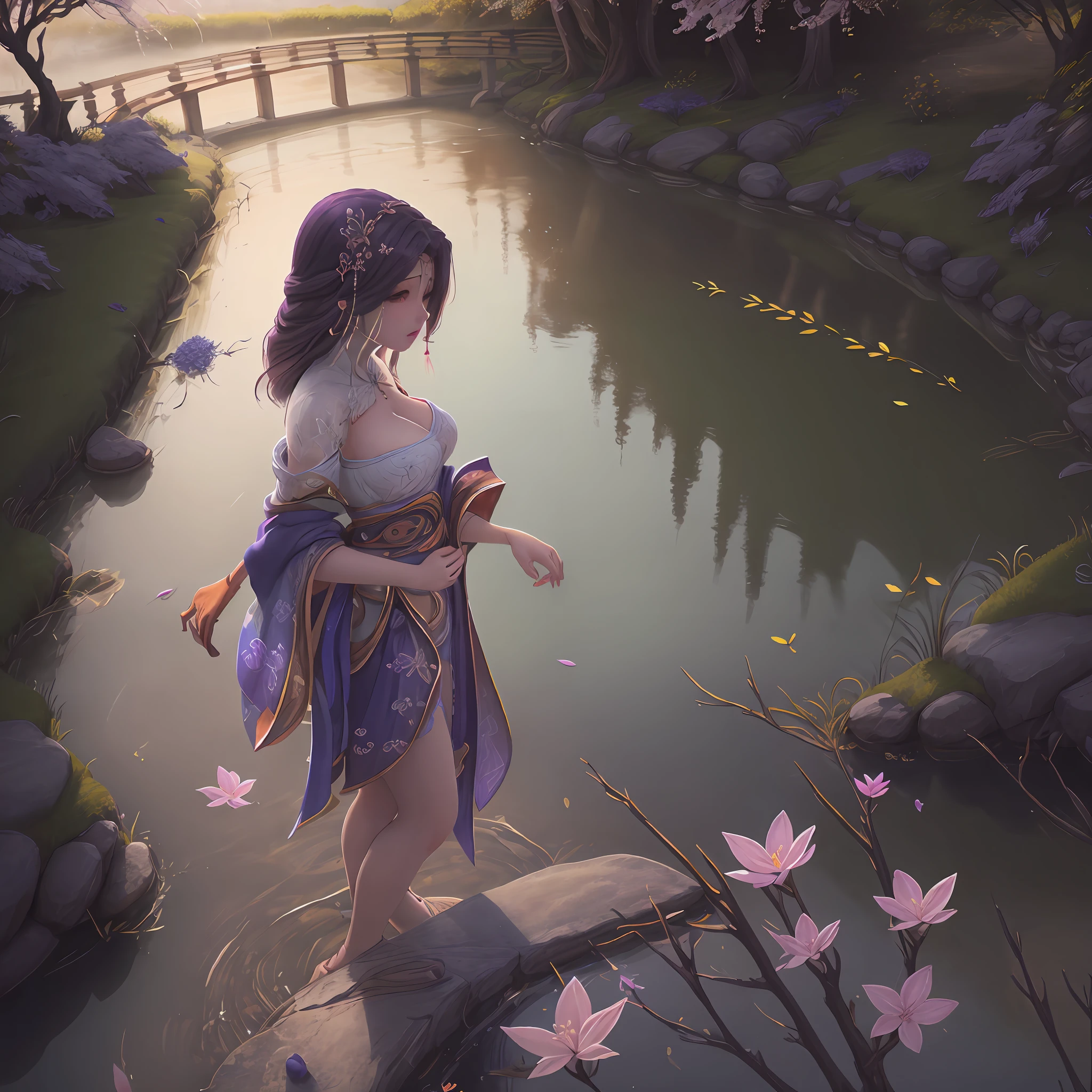 (digital painting),(best quality), serene Japanese garden, cherry blossoms in full bloom, koi pond, footbridge, pagoda, Ukiyo-e art style, Hokusai inspiration, Deviant Art popular, 8k ultra-realistic, pastel color scheme, soft lighting, golden hour, tranquil atmosphere, landscape orientation