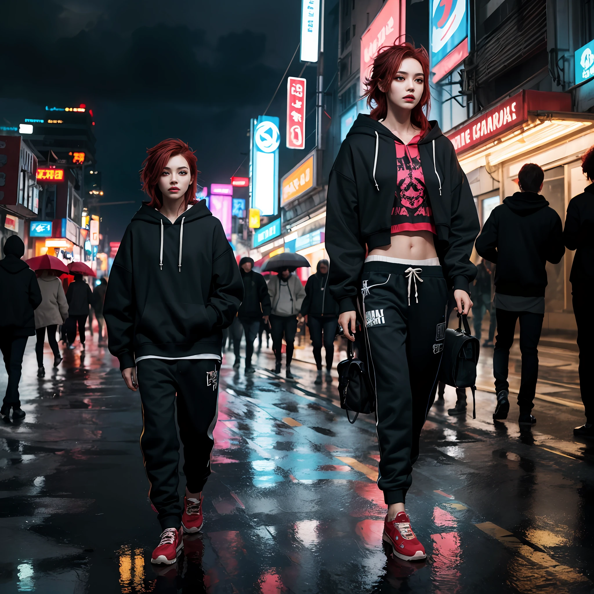 Best quality, Masterpiece, Cinematic, Realistic, Cyberpunk, Cyberpunk city, neonlight, voluminetric lighting, Black sky, (Rained, thunderstorm), 1girll, (Cyberpunk clothing, Hoodie, Pants, punk clothing), (Flowing red hair), Water is reflected on the ground, from the front side, ((Hidden Face)),