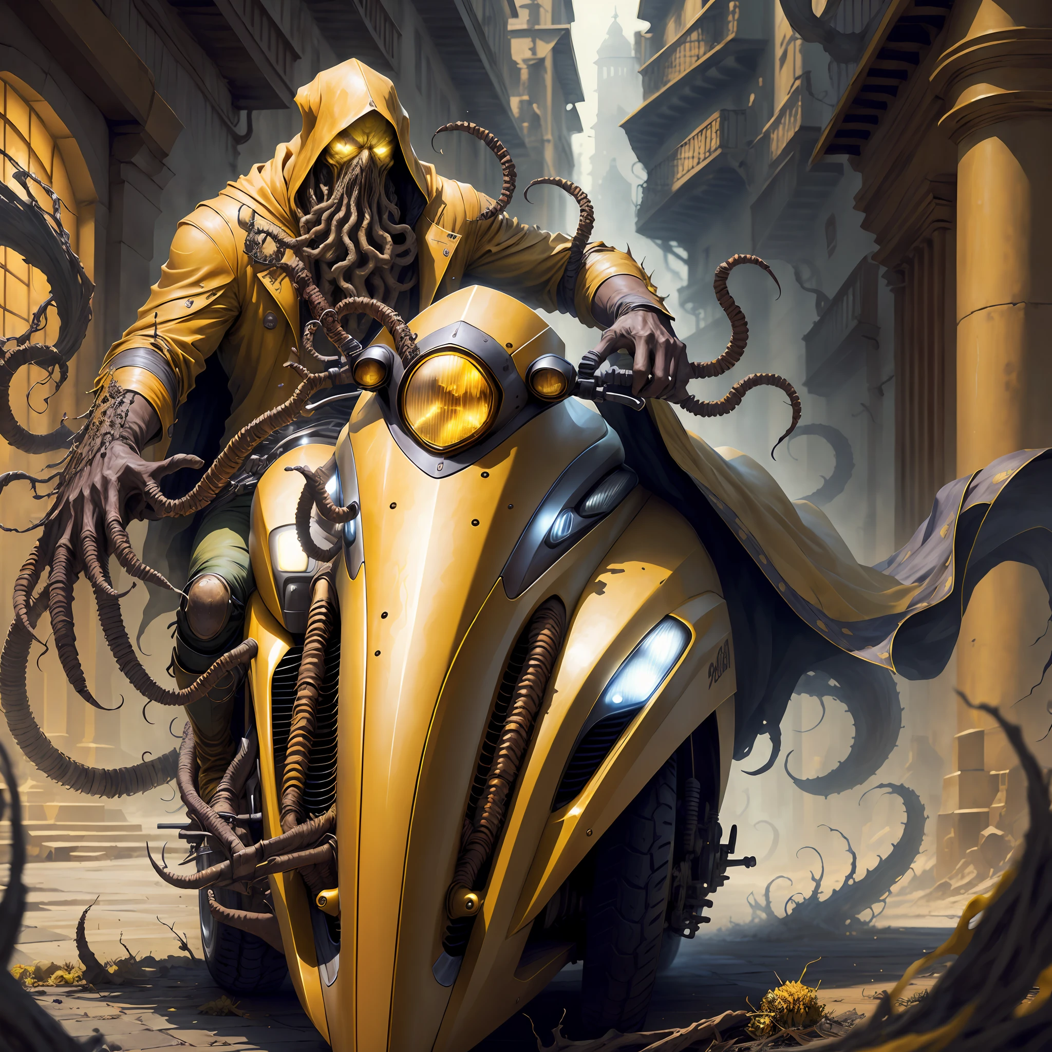 Hastur, king in yellows riding a motorbike