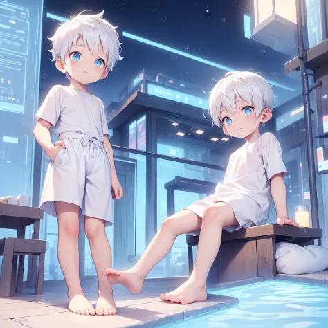 4K), little boy with white hair and barefoot and wet oily white clothes small tiny feet, He sits on a rooftop, und betet, Nebel ...