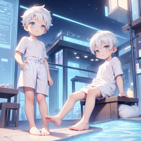 4k), little boy with white hair and barefoot and wet oily white clothes small tiny feet, he sits on a rooftop, und betet, nebel ...