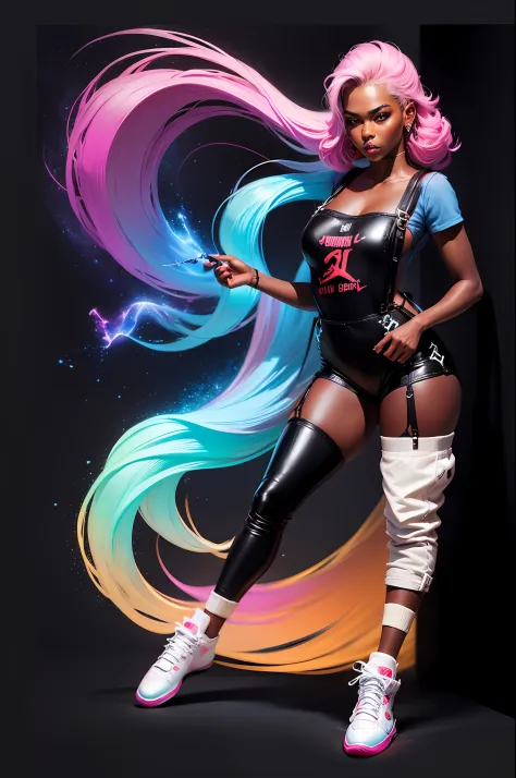 18 year old female with dark skin, Braided 3 different colors neon Pink and Neon Green, contrasting color hair, white overalls, (overall suspenders:1.5), (Perfect Quality Retro Air Jordan 11 pattent Leather sneakers:1.5), seductive look, Bioluminescent, Ci...