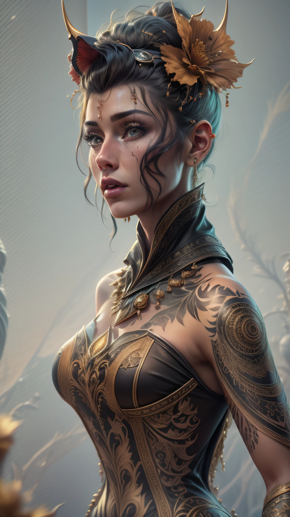 mulher de araffe em um vestido com uma tatuagem em seu peito, cinematic bust portrait, cinematic bust shot, estilo fantasia 8 k octane render, 3 d render arte do caractere 8 k, realistic fantasy rendering, unreal engine render + uma deusa, Trending in ArtStation 4K, 4K fantasia detalhe, 8k portrait render, 8k arte detalhada de alta qualidade