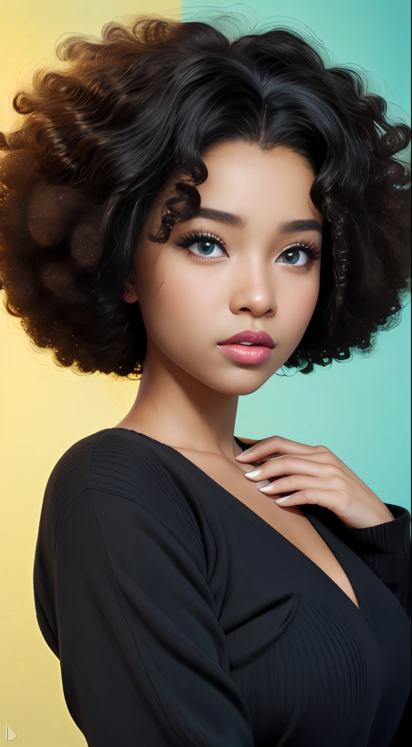 Chica Textura de cara y piel altamente detallada, ((piel blanca)) grandes ojos verdes, Cara delgada, labios jugosos, labios tontos, pecho grande e hinchado, cuerpo completo, ((pelo negro rizado afro)), piel pálida, ojos detallados, Párpados dobles,