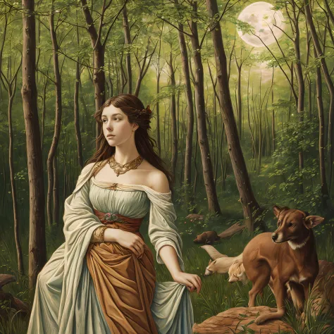 An image of a mystical girl in the woods whispering to animals, highlighted by ethereal moonlight, extremely detailed, ultra rea...