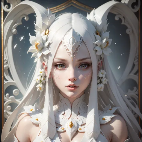 very beautiful woman, detailed face, mouth must be completely covered with white paint, marble color, hybrid of human and albino alien with head with very detailed white ornament, white ornament as a single limb, very white hybrid skin, hyperdetailed, intr...