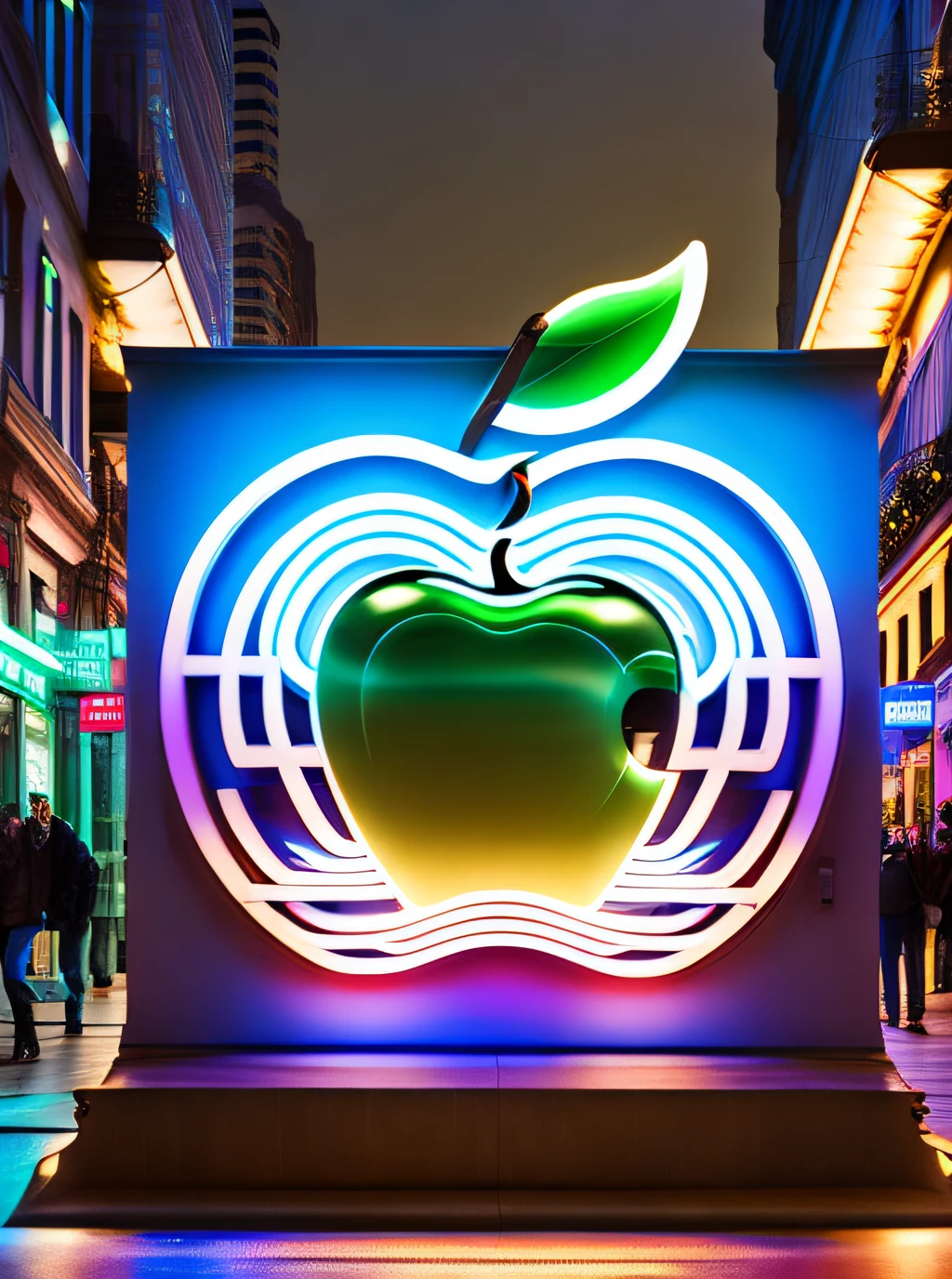 Cartel futurista con el logo de apple en backlight, luz blanca en una calle de una ciudad de noche oscura, neon, en estilo steampunk, con cables, partes mecanicas, retro, cartel luminoso, noche, realista, fotografico, alto detalle, fotorealista