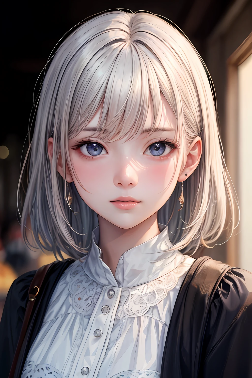 best quality, masterpiece, super high resolution, (reality:1.5), art, original photo, dynamic lighting, high resolution, sharp focus, depth of field,1girl, medium, masterpiece, best quality, super detailed, illustration, white hair and super detailed face, high quality face, upper body, blush