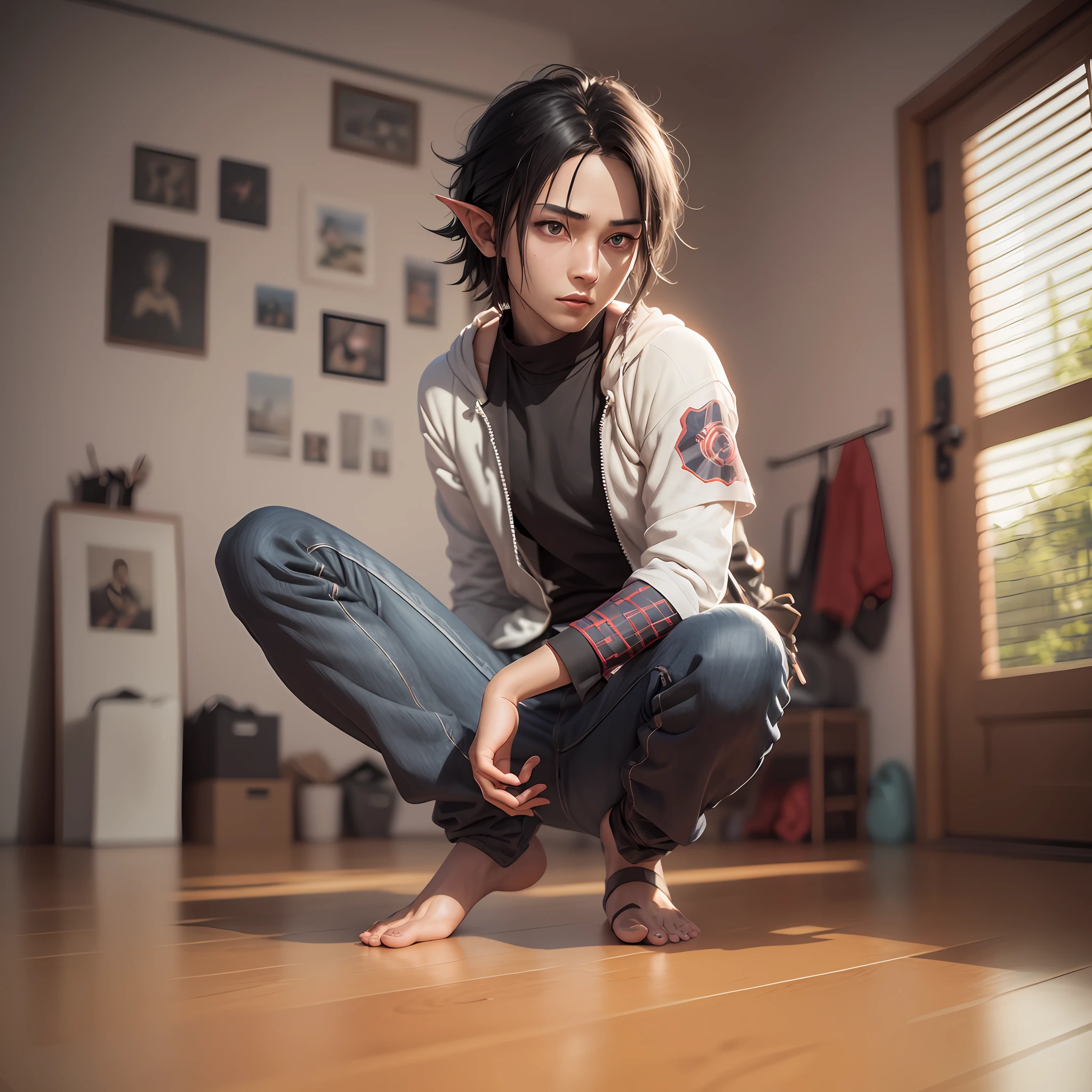 sasuke uchiha, Naruto Shippuden,  masculino, cabelo requintado, sapatos requintados, representação dos olhos, olhos vermelhos, cabelo requintado, Estilo élfico, caixa cega popmart, textura de argila, pisando na terra, fundo preto e branco, iluminação natural, a maioria de boa qualidade, super detalhe, arte 3D, c4d, Renderizador OC, Renderização 3D, 8K