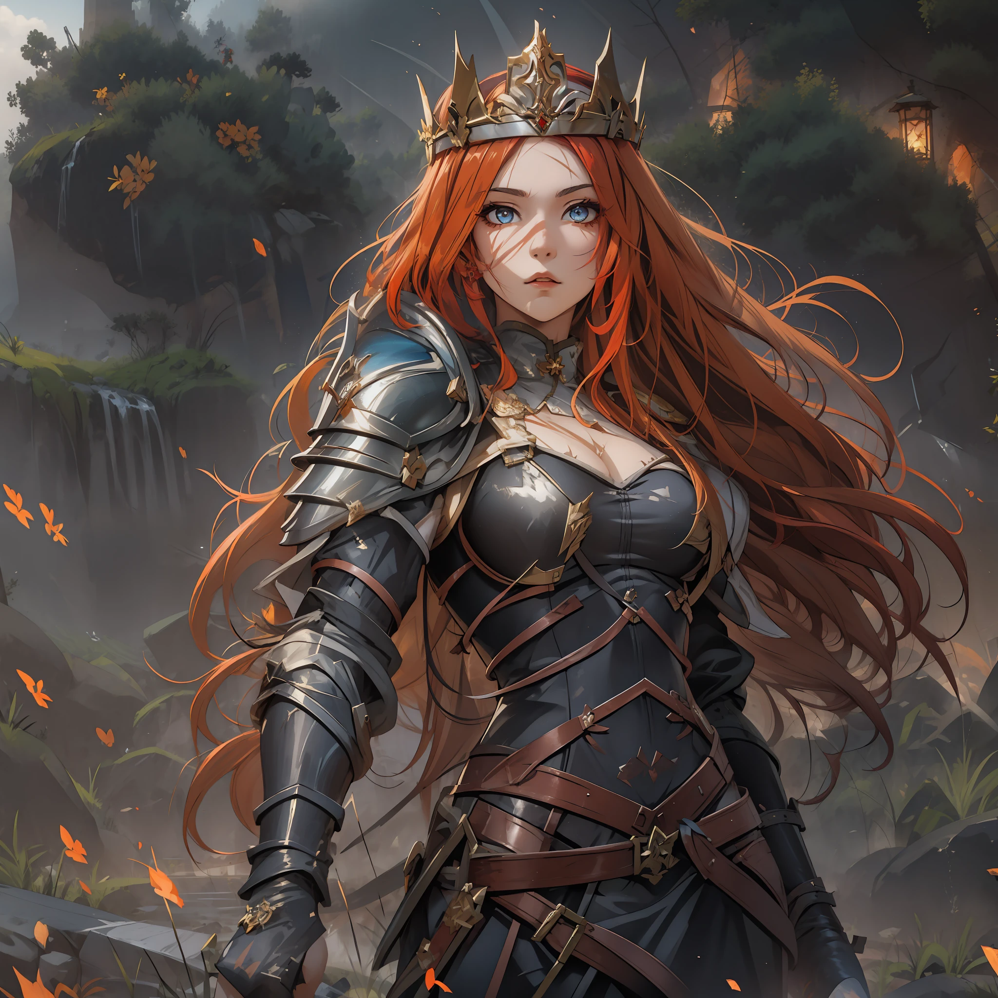 (masterpiece:1.2), (best quality:1.2), perfect eyes, perfect face, perfect lighting, 1girl, mature female on a battlefield, absurdly long red hair, crown braid, war_glam, armor, leather skirt, scars, fantasy, detailed background