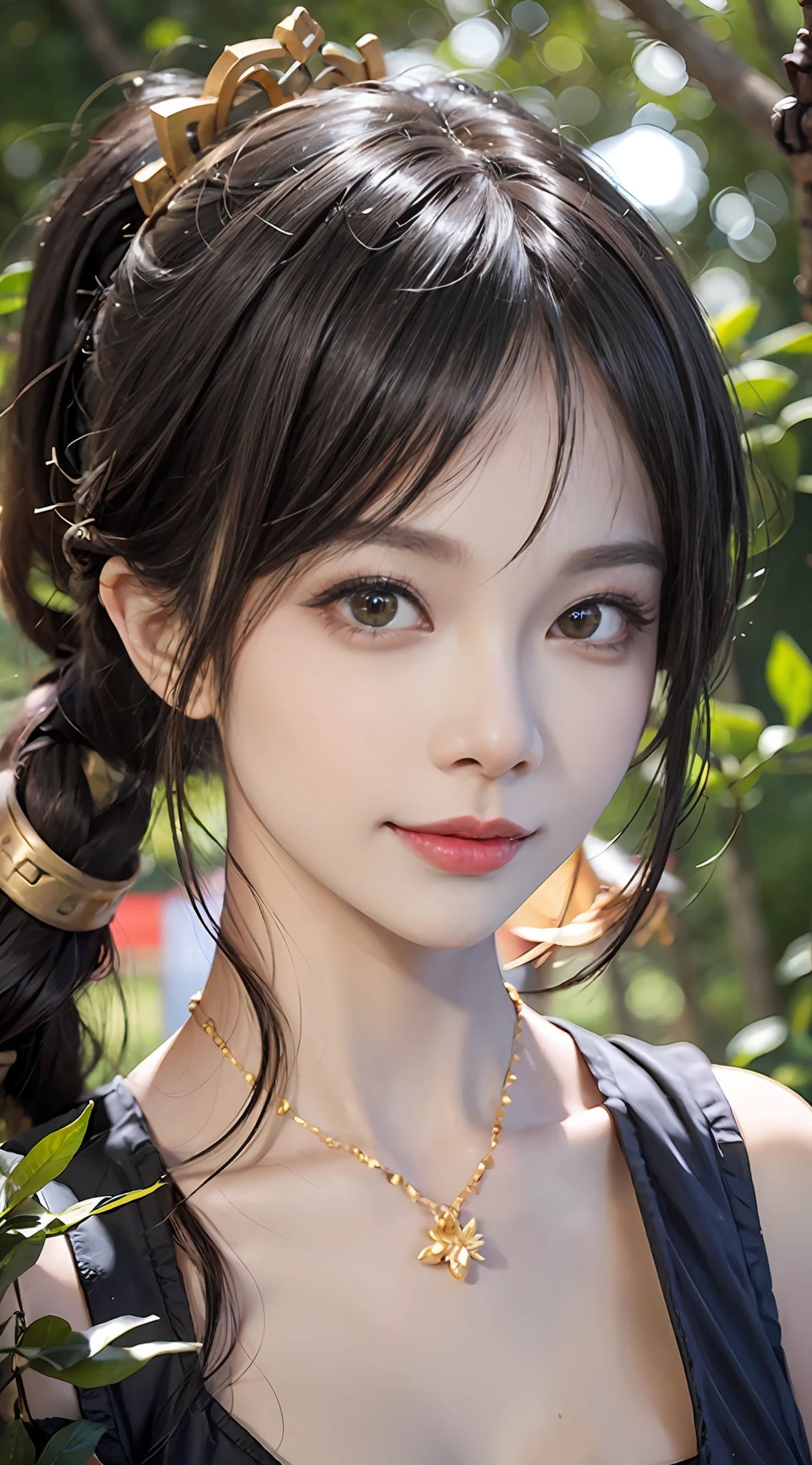 closeup of face， Face shooting， （Gold pattern quality：1.3）， femele， Long brown-black hair， cropped shoulders， Top detail CG quality 4K wallpaper， grand master， tmasterpiece， sportrait， middle， Watch the footage， beautiful Chinese and Korean mixed blood idols， （（Ultra-fine face，A detailed description of the facial features））， Lip biting makeup， Sweet smiling，Melon seed face ，Perfect facial features， Model figure， Bigboobs，Shoulders exposed，Good complexion， the trees， tree branch， Golden meadow， rivulets， Gold leaves， early evening， eventide， the setting sun， at twilight， autumnal， Hairline， diagonal bangs， shairband， hair adornments， Ji scissors， Low ponytail， hentail realism， God Ray， glitters， cinmatic lighting， lens flare glow， hyper HD， high detal， high qulity， A high resolution， best qualtiy， 8K， 16k， high detal， high qulity， super detailing， anatomy correct， tmasterpiece， ccurate