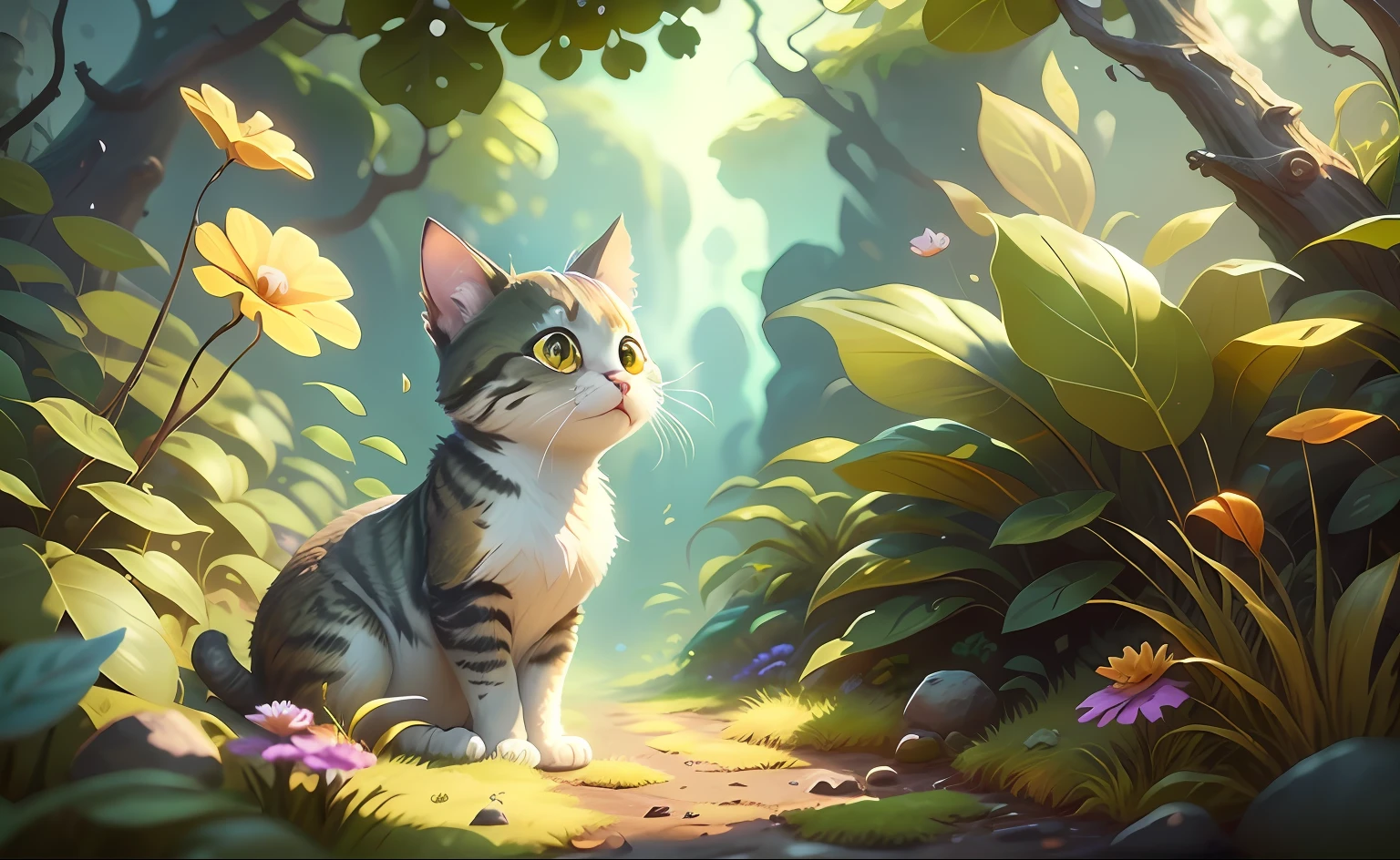 A cute cat playing with a petal, Illustration game scene, Os croods, DreamWorks animation, imagem de fundo dos personagens do jogo, ambiente natural, High quality background image with empty floor, fotografia grande angular, plantas de fantasia, bagas, musgo, microscopic perspective, estilo dos desenhos animados, plantas tropicais, horizontal composition, brilhante, super high res, super alta qualidade, detalhes claros, floresta, mapa da cena do jogo --v6