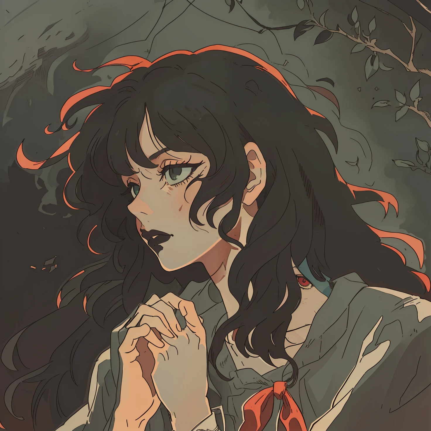 a close up of a person with long hair and a sombre background, style artistique satoshi kon, avec des yeux déprimés et des cheveux bouclés, Takato Yamamoto Esthétique, avec rétroéclairage rouge, par Satoshi Kon, esthétique du papier peint d&#39;horreur, 8 0's anime d’horreur, Korean Art Nouveau Anime, (sombre:1.5), fond de forêt, esquisser