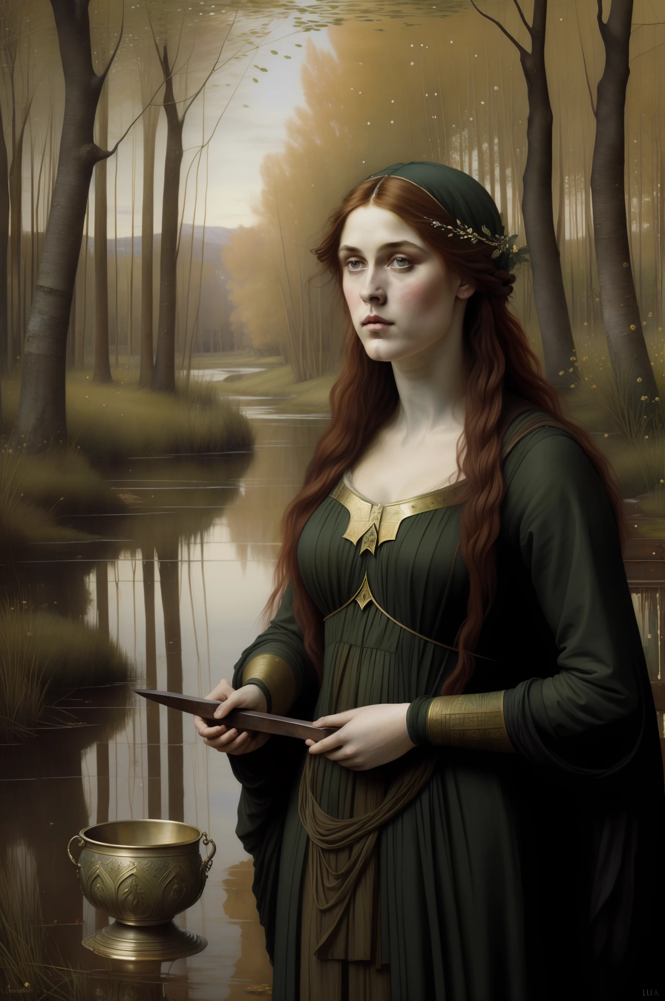 "(((Pre-Raphaelite painting))), sacerdotisa celta cabelos negros, roupa escura, She holds a stone chalice and a sword in a swamp of willows. ..lua, estrelas, paisagem celta"