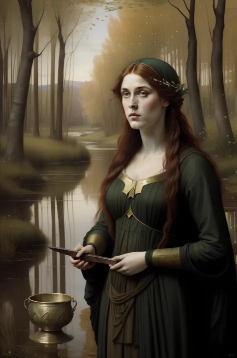 "(((pre-raphaelite painting))), sacerdotisa celta cabelos negros, roupa escura, she holds a stone chalice and a sword in a swamp...