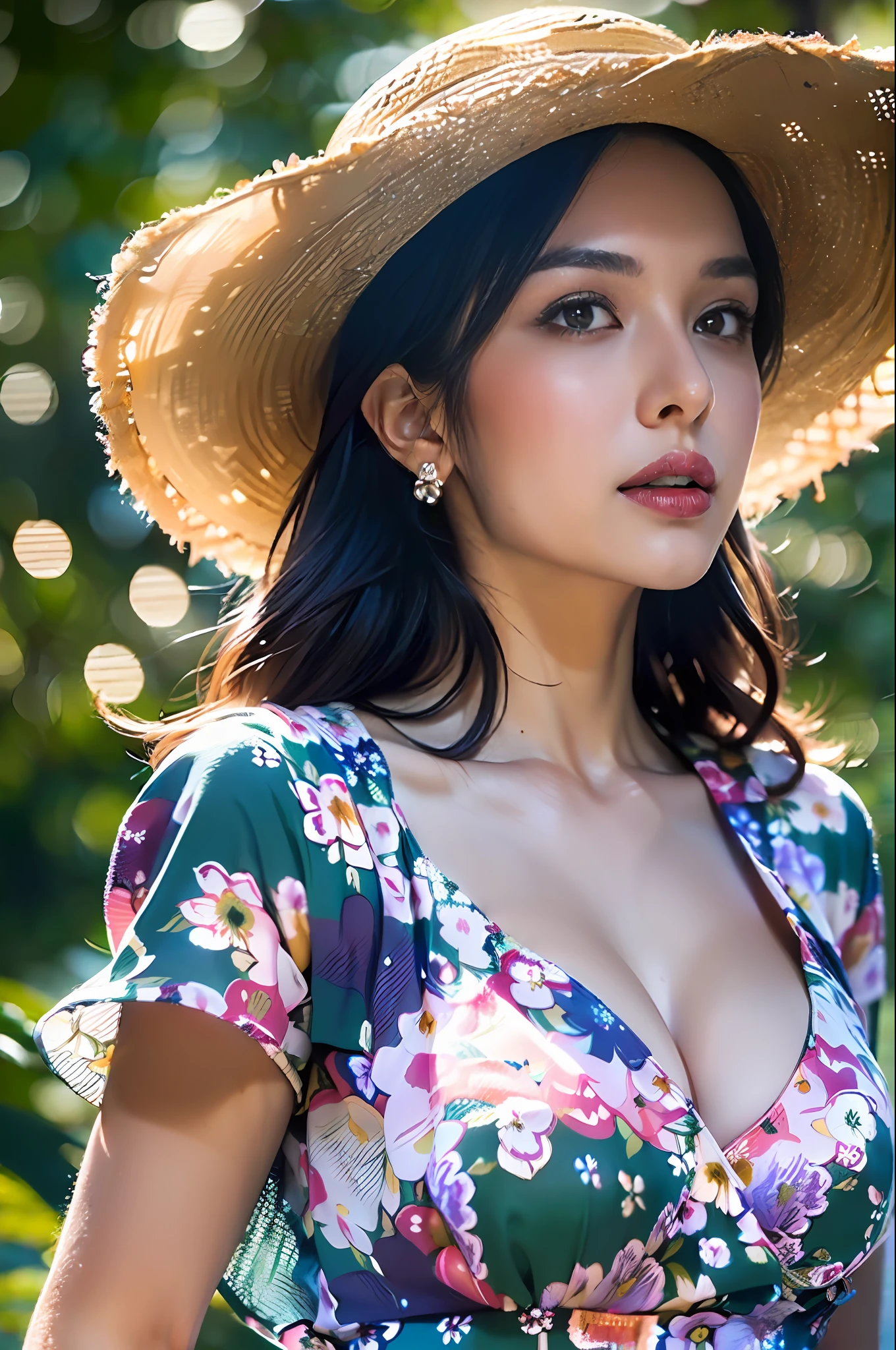 (1girl surrounded by soft_light:1.5), (backlighting:1.8), (lighting),(flowing fabric:1.3), ((Floral_summer_dress:1.5),(Straw_hat:1.3)),
(masterpiece), realistic, HDR, highly detailed, 8k, raw photo, ambient occlusion, natural, harmonious composition, warm tones, fine art photography,