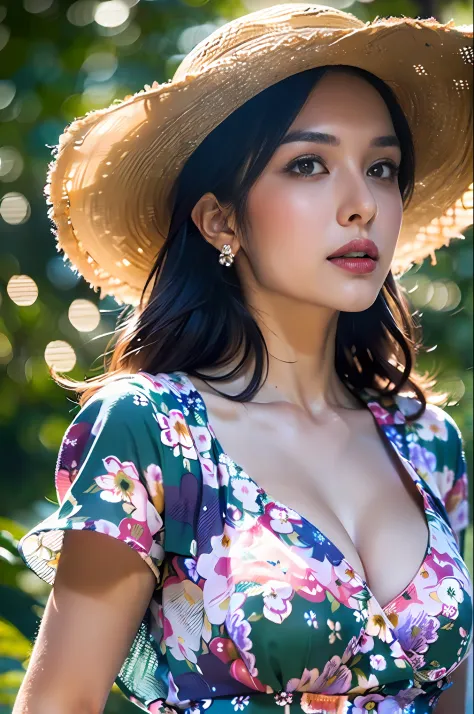 (1girl surrounded by soft_light:1.5), (backlighting:1.8), (lighting),(flowing fabric:1.3), ((Floral_summer_dress:1.5),(Straw_hat...