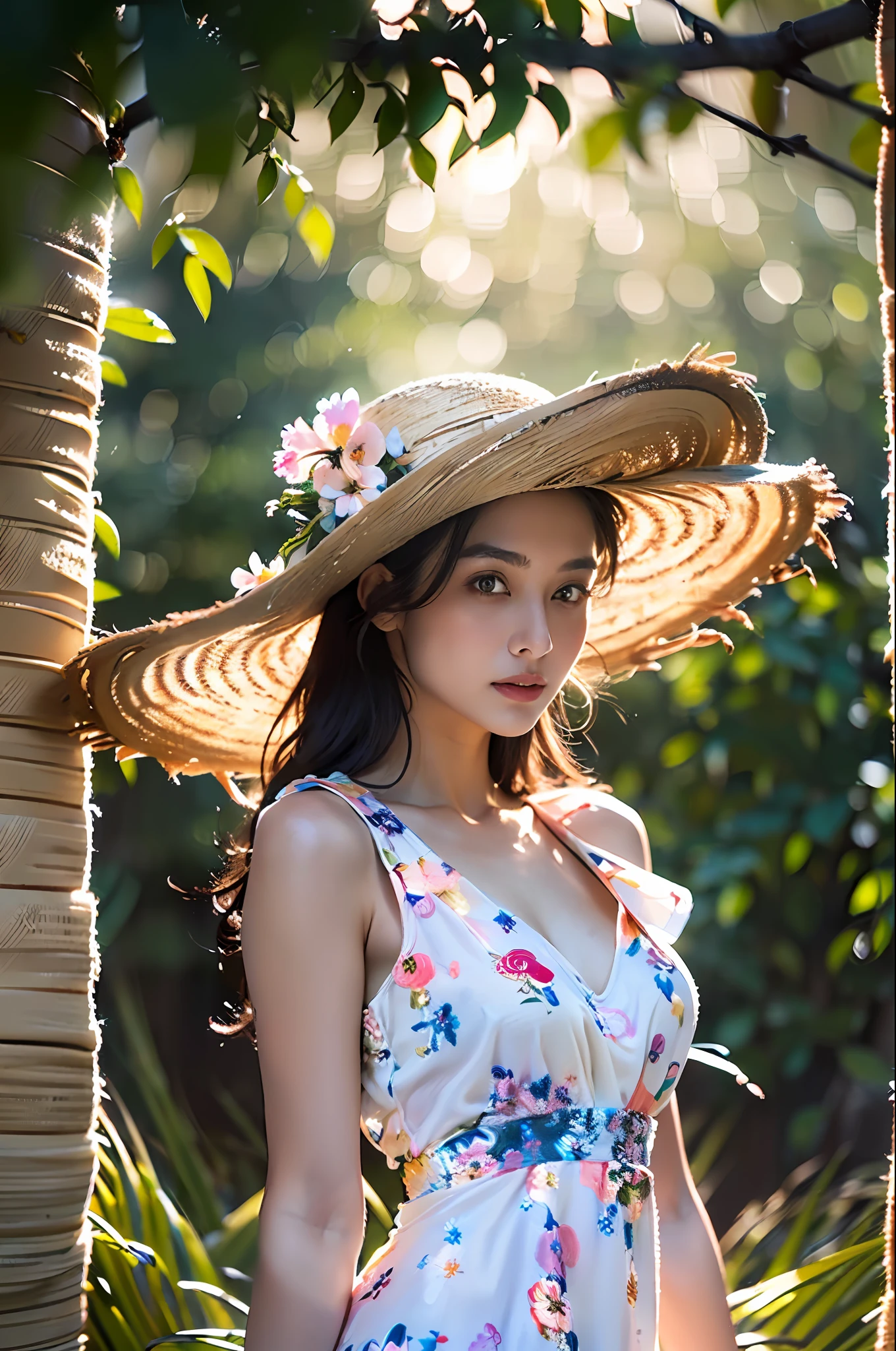 (1girl surrounded by soft_light:1.5), (backlighting:1.8), (lighting),(flowing fabric:1.3), ((Floral_summer_dress:1.5),(Straw_hat:1.3)),
(masterpiece), realistic, HDR, highly detailed, 8k, raw photo, ambient occlusion, natural, harmonious composition, warm tones, fine art photography,