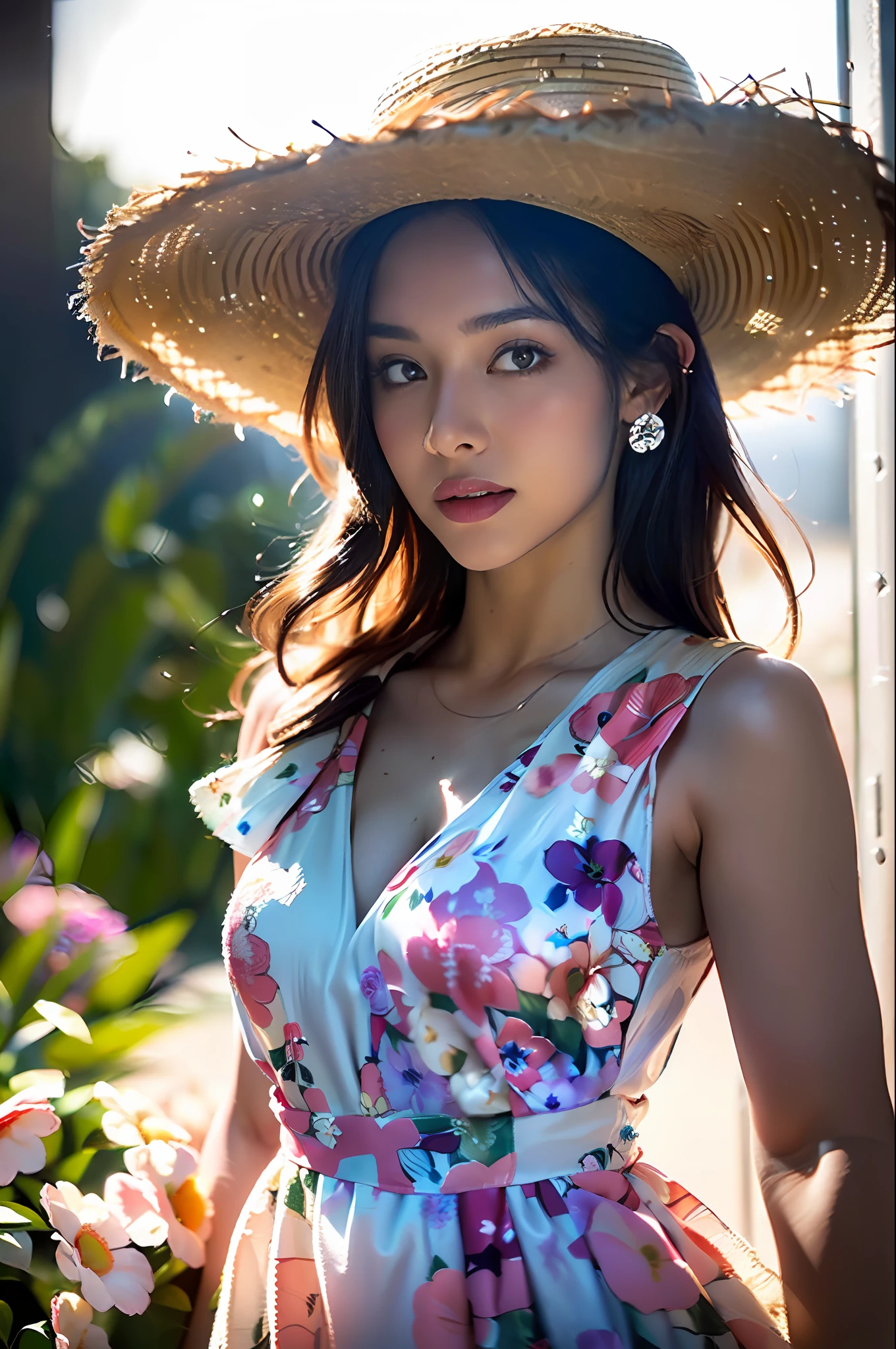 (1girl surrounded by soft_light:1.5), (backlighting:1.8), (lighting),(flowing fabric:1.3), ((Floral_summer_dress:1.5),(Straw_hat:1.3)),
(masterpiece), realistic, HDR, highly detailed, 8k, raw photo, ambient occlusion, natural, harmonious composition, warm tones, fine art photography,