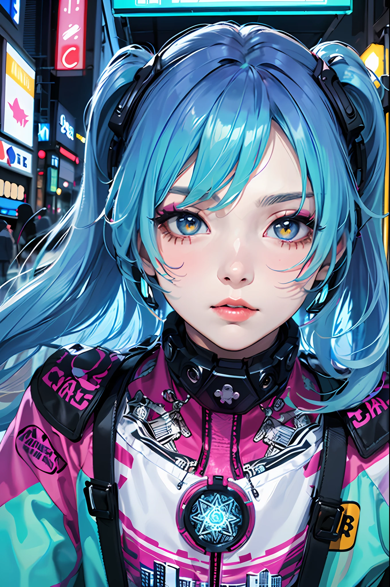 masterpiece, best quality,
1girl, looking at viewer, 
Confident girl with slightly sassy expression, Harajuku-inspired pop outfit, bold colors and patterns, eye-catching accessories, trendy and innovative hairstyle, vibrant makeup, futuristic and orderly dazzling cityscape, skyscrapers, neon signs, LED lights, bright and vivid color scheme,
anime, illustration,
 detailed skin texture, detailed cloth texture,  beautiful detailed face, intricate details, ultra detailed,