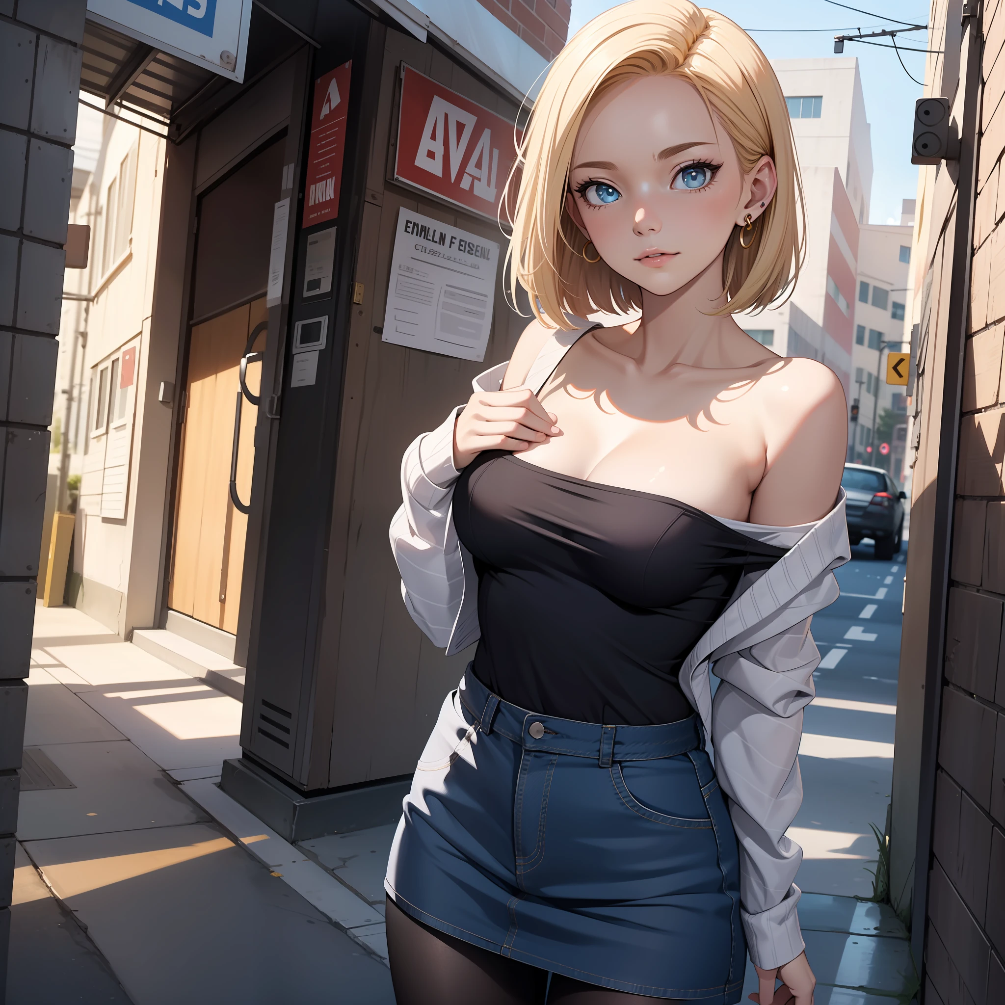 fotorealistisch,Realistische Illustration im Manga-Stil,Meisterwerk,beste Qualität,ultra-detailliert,perfekte Anatomie,perfekte Hände,highres,UND18,1 Mädchen,Ulzzang-6500-v1,E-Mädchen,Außergewöhnliche Schönheit Waifu Emma Stone als Android 18,nur,blondes Haar,blaue Augen,kurzes Haar,Ohrringe,Schmuck,Jeanskleid,offene Weste,schwarze Strumpfhose,schwarzes Shirt,Jeansrock,gestreifte lange Ärmel,blauer Rock,mittlere Brüste,Ganzkörperportrait,Straße,perfekt detaillierte Augen,(Äußerlich erweiterte Brust:1.2), (trägerlos:1.2), weg von der Schulter,komplizierte Details,CG Unity 8k Hintergrundbild,octane render,Extrem CG Unity 8K-Hintergrundbild,Äußerst schön und ästhetisch,extrem schön und zart,perfekt detaillierter Körper,