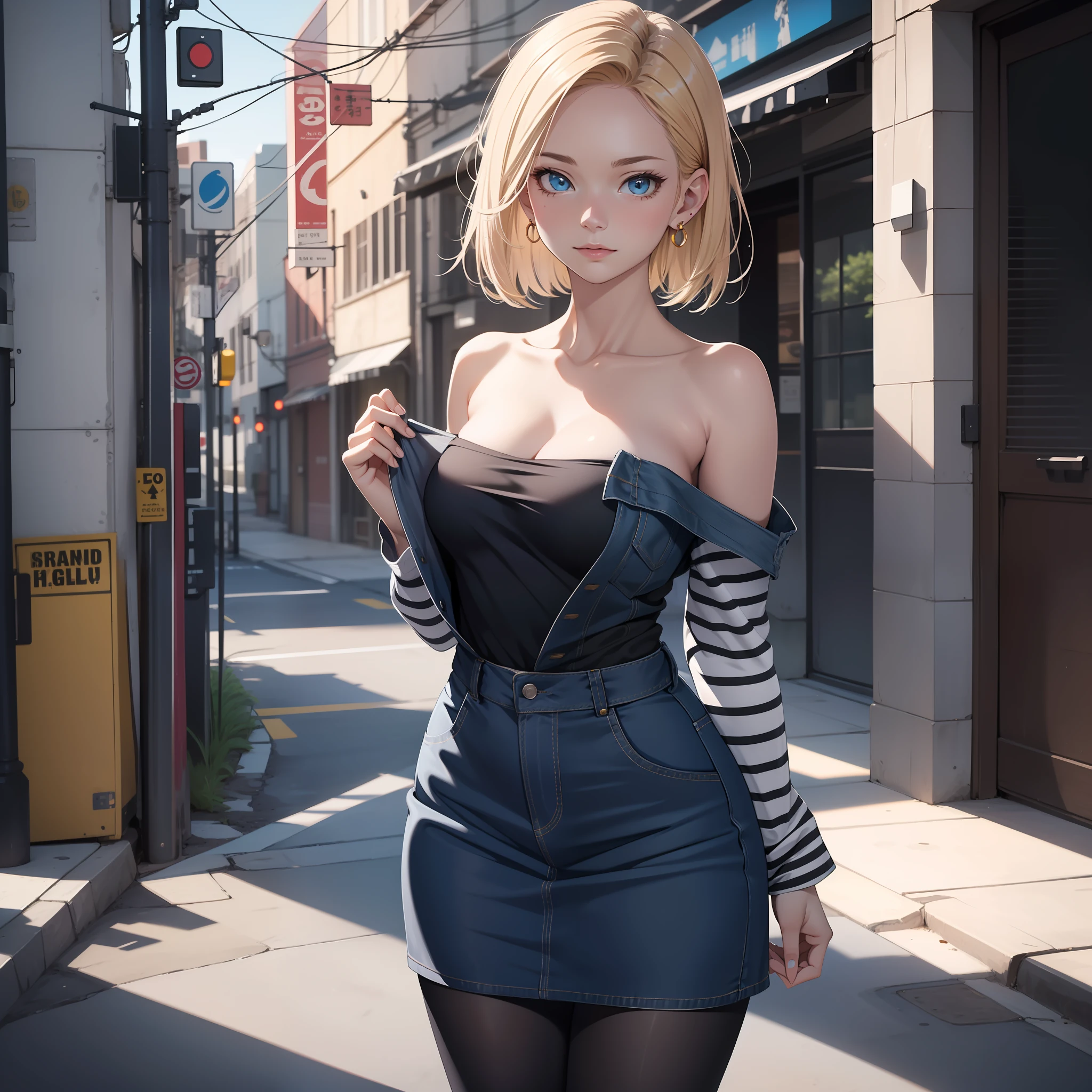 Photorealistic,Realistic illustration in manga style,Masterpiece,best quality,ultra-detailed,perfect anatomy,Perfect hands,highres,and18,1girl,Ulzzang-6500-v1,E-girl,Exceptionally Beauty Waifu Emma Stone as android 18,Only,blonde hair,blue eyes,short hair,earrings,jewelry,denim vest,open vest,black pantyhose,black shirt,denim skirt,striped long sleeves,blue skirt,medium breasts,Full body portrait,street,Perfect detailed eyes,(Externally expanded Chest:1.2), (Strapless:1.2), off-the-shoulder,intricate details,cg unity 8k wallpaper,octane render,Extremely CG unity 8k wallpaper,Extremely beautiful and aesthetic,Extremely beautiful and delicate,Perfect detailed body,