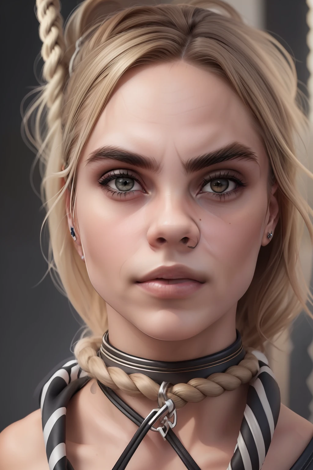 (((Cara Delevingne stands on a dark hayloft)), ((the arms are tied with a rope over the head)), (She wears black leather underwear), (small head), ((detailed face)), (photorealestic), (Raytracing), (keen focus), ((natural realistic skin texture)), Detailed Lips, (wild), ((wild hair)), ((Bondage)), ((rope)) ((full body))