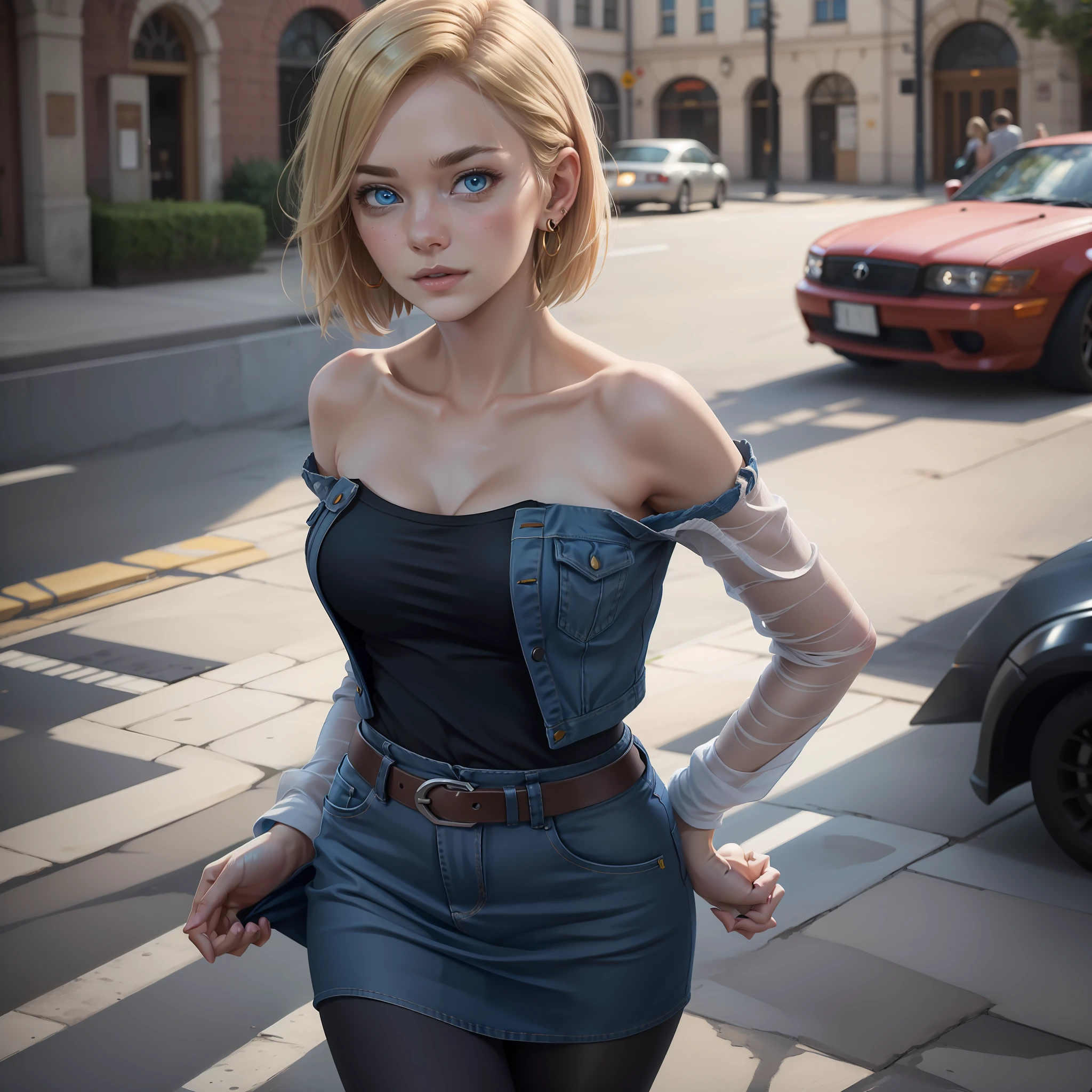 Photorealistic,Realistic illustration in manga style,Masterpiece,best quality,ultra-detailed,perfect anatomy,Perfect hands,highres,and18,1girl,Ulzzang-6500-v1,E-girl,Exceptionally Beauty Waifu Emma Stone as android 18,Only,blonde hair,blue eyes,short hair,earrings,jewelry,denim vest,open vest,black pantyhose,black shirt,denim skirt,striped long sleeves,blue skirt,medium breasts,Full body portrait,street,Perfect detailed eyes,(Externally expanded Chest:1.2), (Strapless:1.2), off-the-shoulder,intricate details,cg unity 8k wallpaper,octane render,Extremely CG unity 8k wallpaper,Extremely beautiful and aesthetic,Extremely beautiful and delicate,Perfect detailed body,